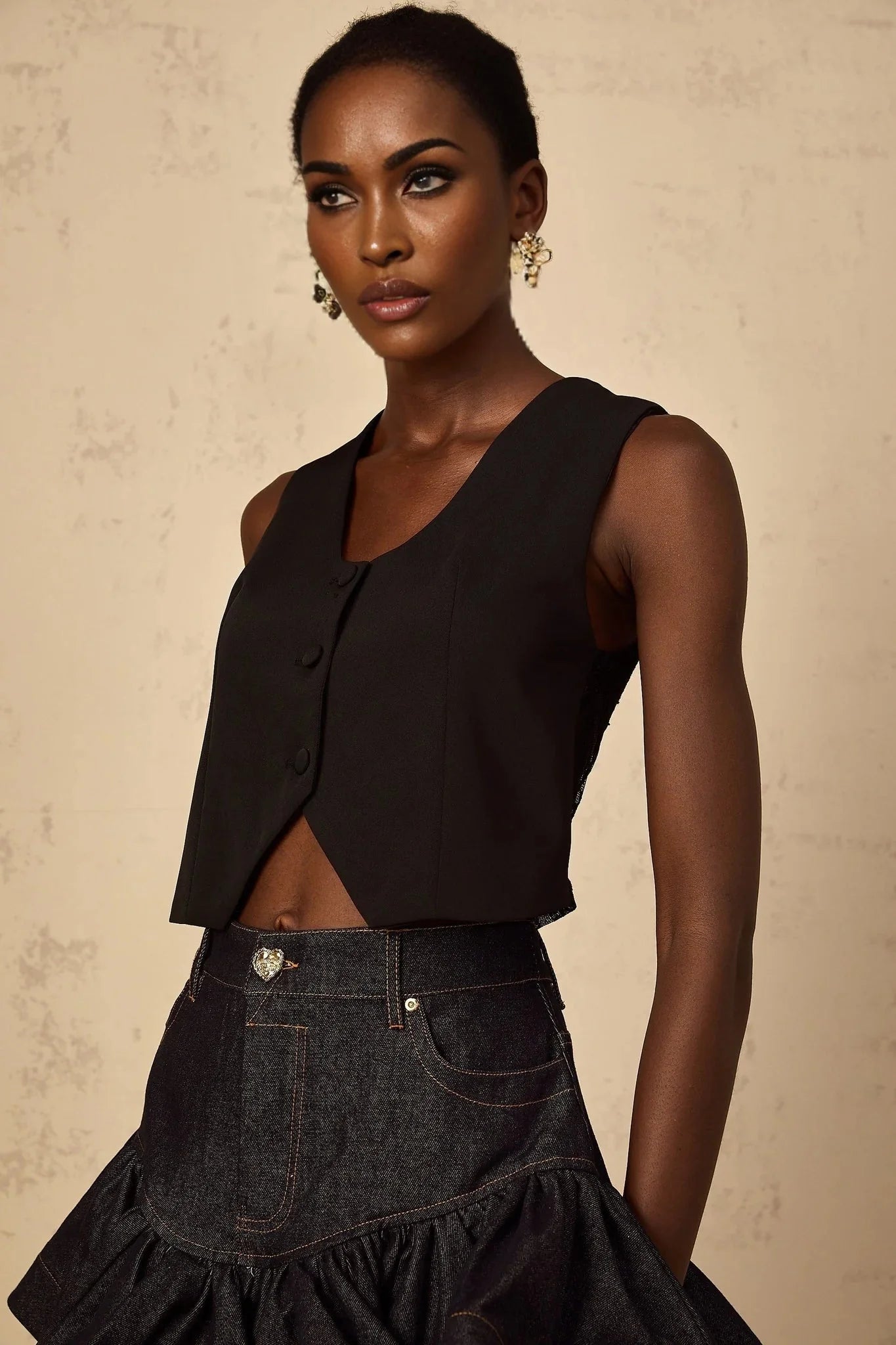 Faith Cropped Top Black Lace V - neck & Lace - up Detail