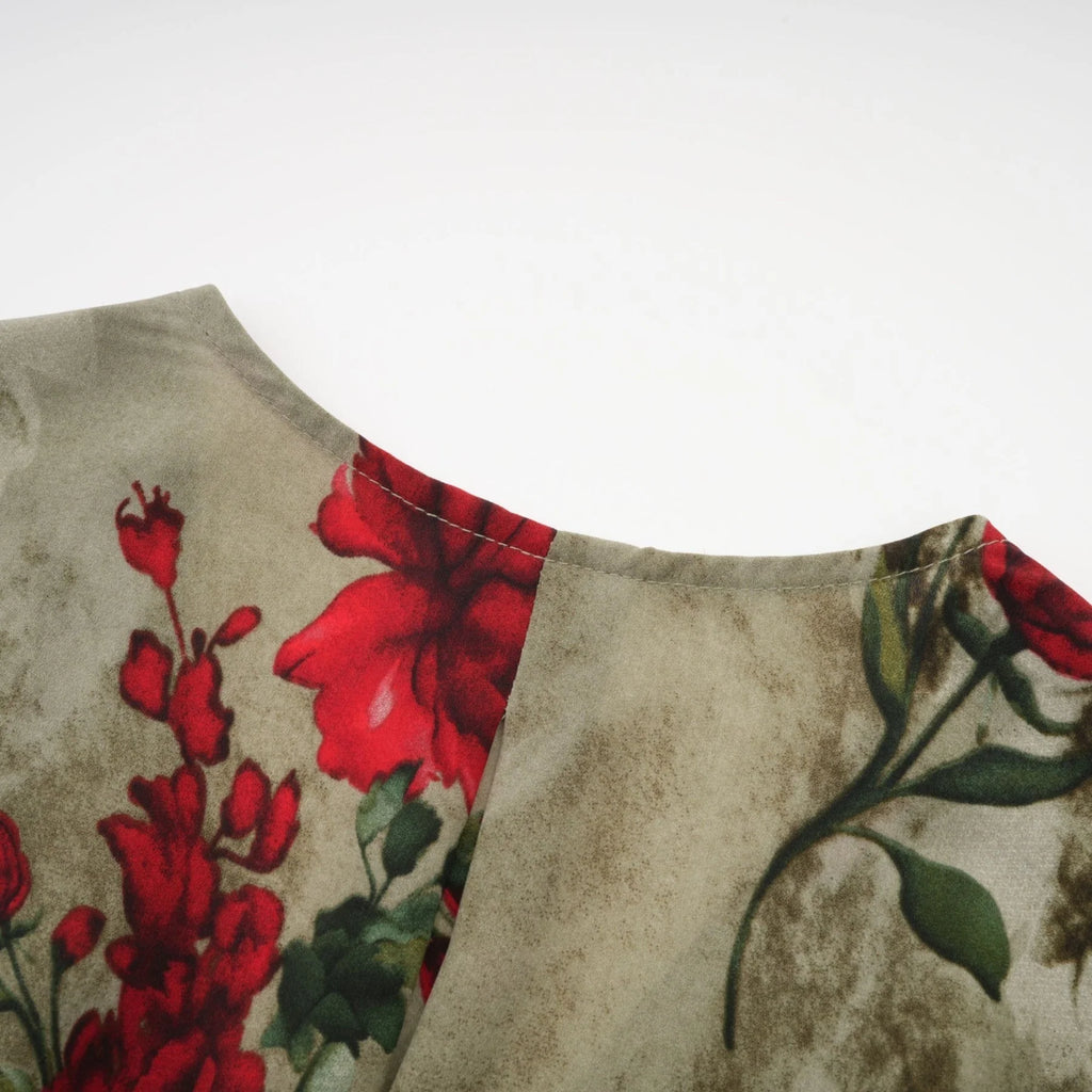 Faith Floral Midi Dress - V - Neck Design - Short Sleeve - Pleated Detailing - Front Button Closure
