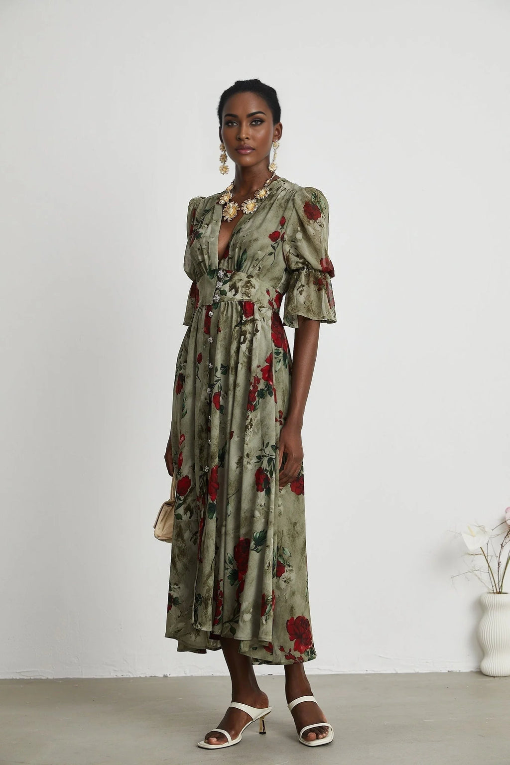 Faith Floral Midi Dress - V - Neck Design - Short Sleeve - Pleated Detailing - Front Button Closure