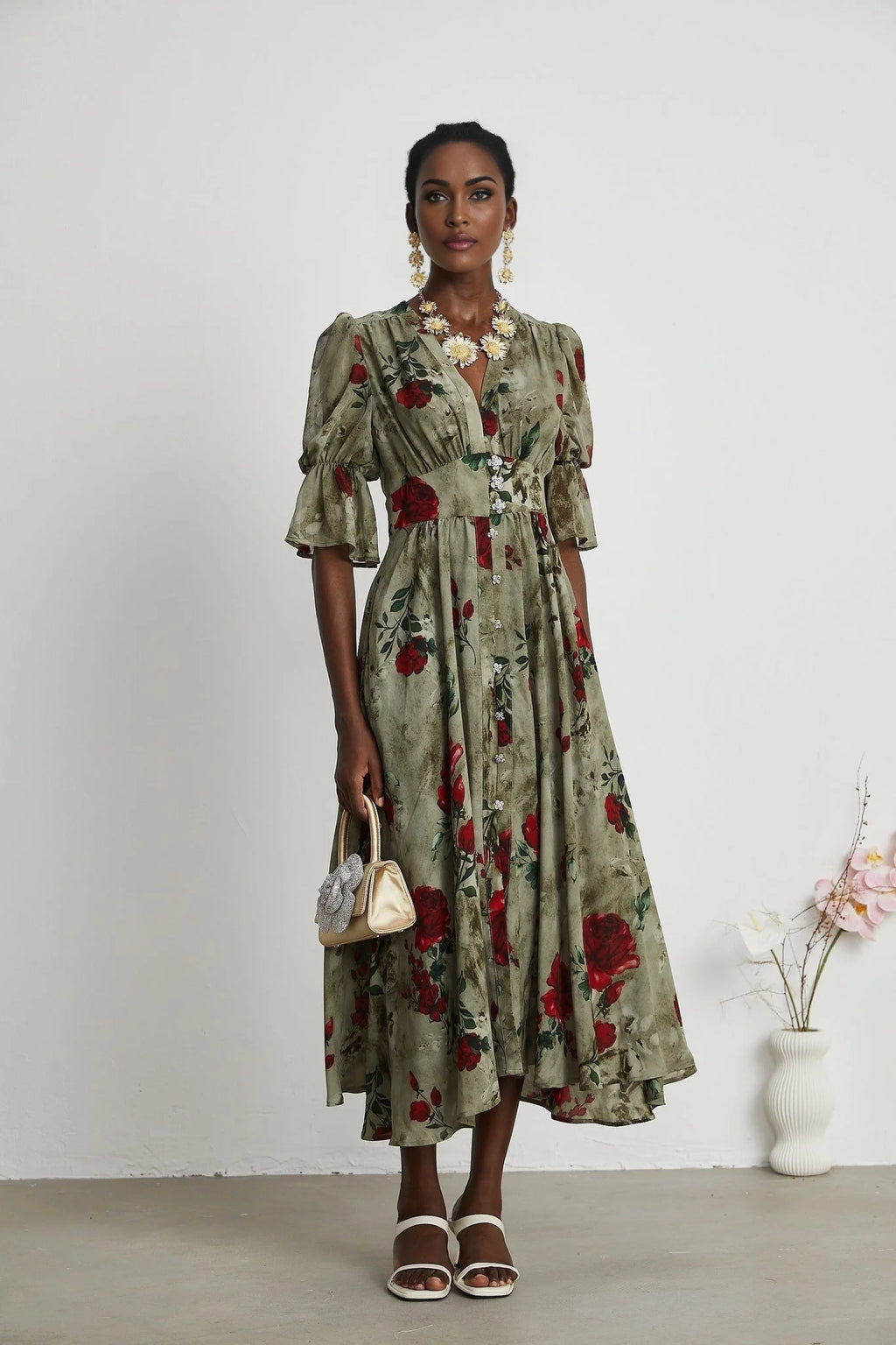 Faith Floral Midi Dress - V - Neck Design - Short Sleeve - Pleated Detailing - Front Button Closure