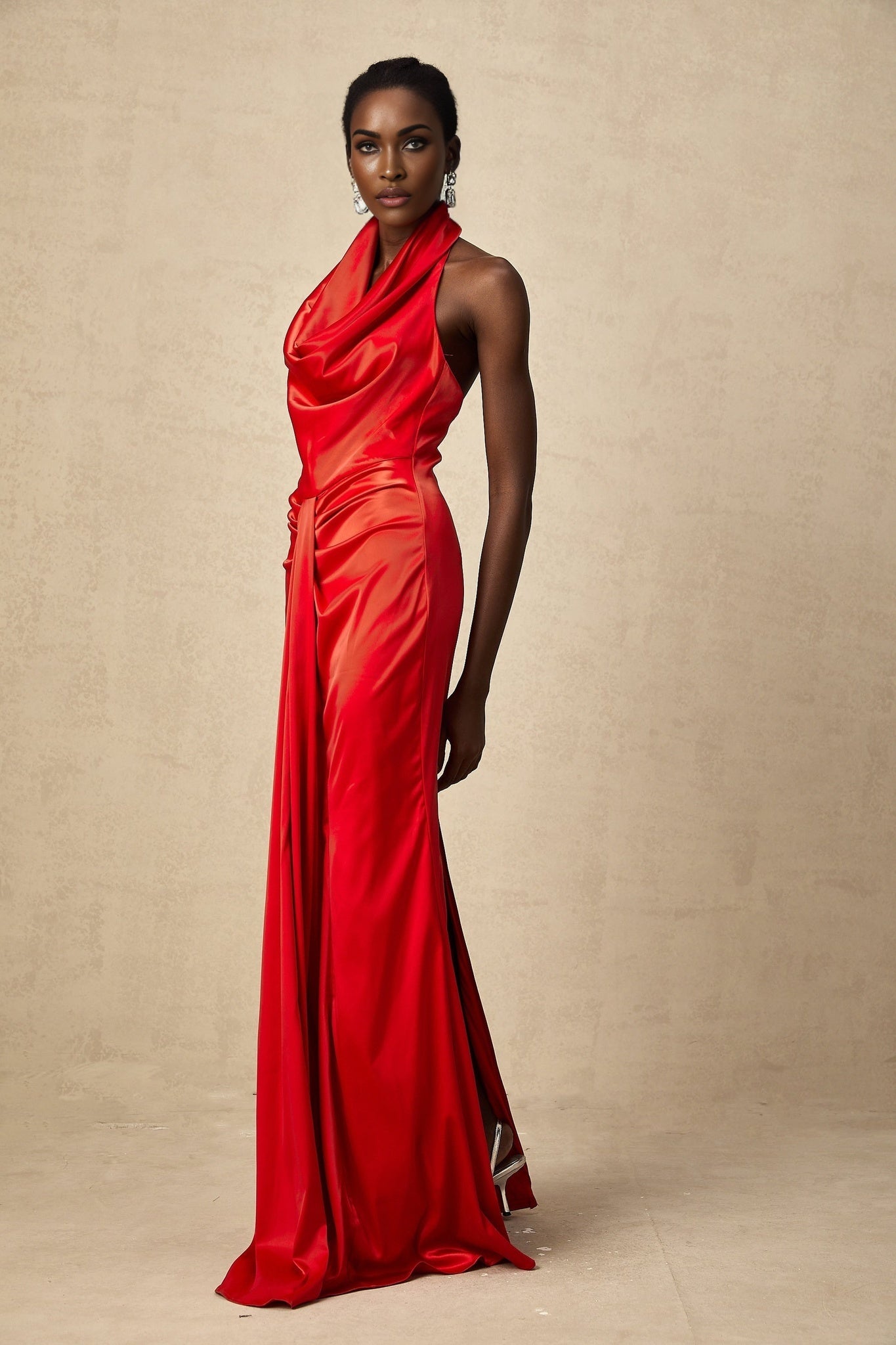 Faith Maxi Dress - Halterneck Style - Open Back Detailing - Cinched Waist - Rear Slit Feature