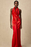 Faith Maxi Dress - Halterneck Style - Open Back Detailing - Cinched Waist - Rear Slit Feature