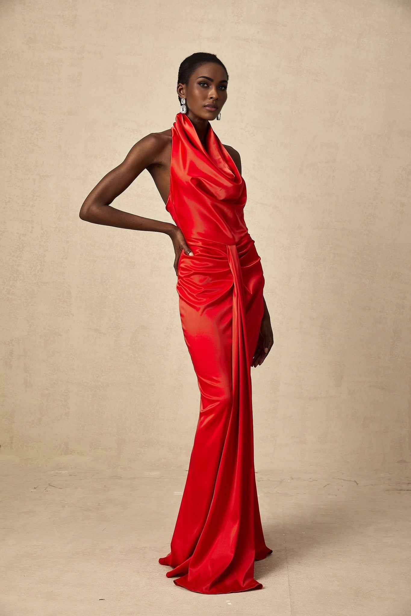 Faith Maxi Dress - Halterneck Style - Open Back Detailing - Cinched Waist - Rear Slit Feature