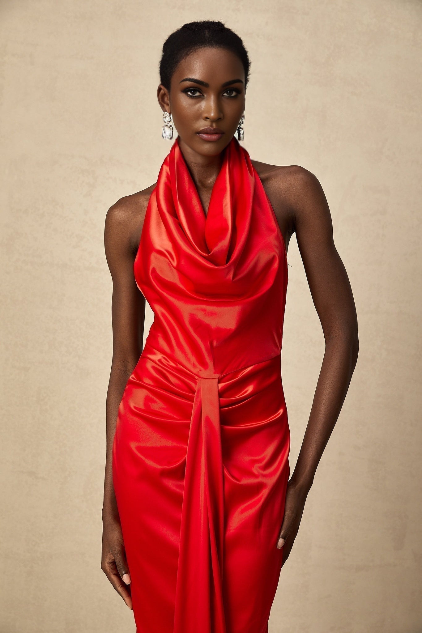 Faith Maxi Dress - Halterneck Style - Open Back Detailing - Cinched Waist - Rear Slit Feature