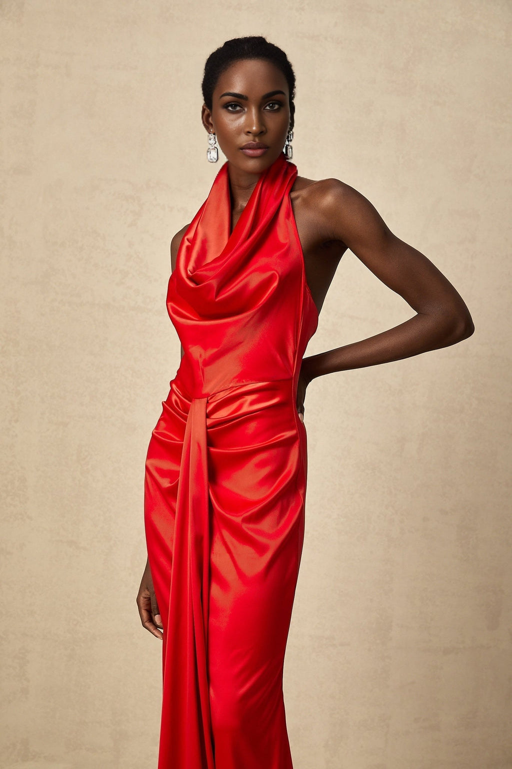 Faith Maxi Dress - Halterneck Style - Open Back Detailing - Cinched Waist - Rear Slit Feature