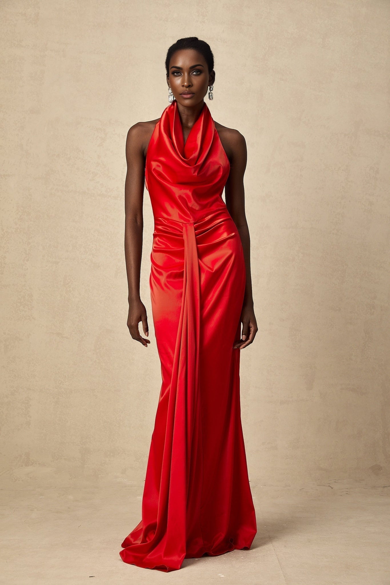 Faith Maxi Dress - Halterneck Style - Open Back Detailing - Cinched Waist - Rear Slit Feature