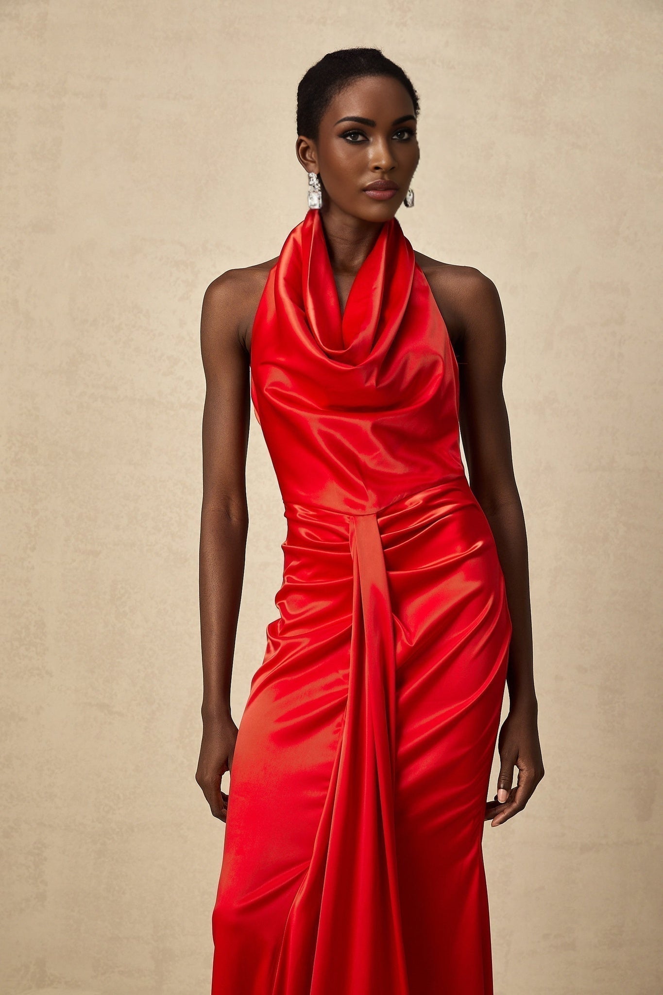 Faith Maxi Dress - Halterneck Style - Open Back Detailing - Cinched Waist - Rear Slit Feature