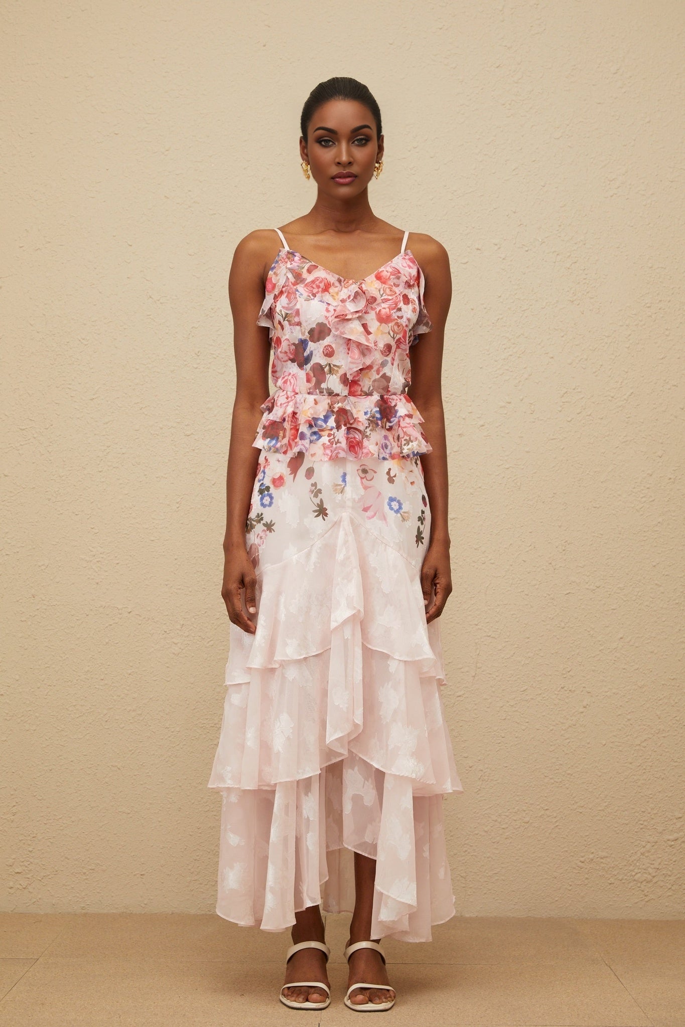 Faith Maxi Dress - Rose Print - Tiered Hem - Sleeveless - Adjustable Straps
