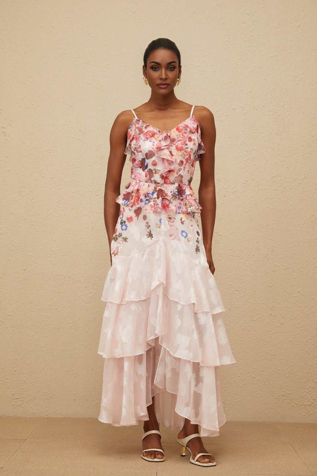 Faith Maxi Dress - Rose Print - Tiered Hem - Sleeveless - Adjustable Straps