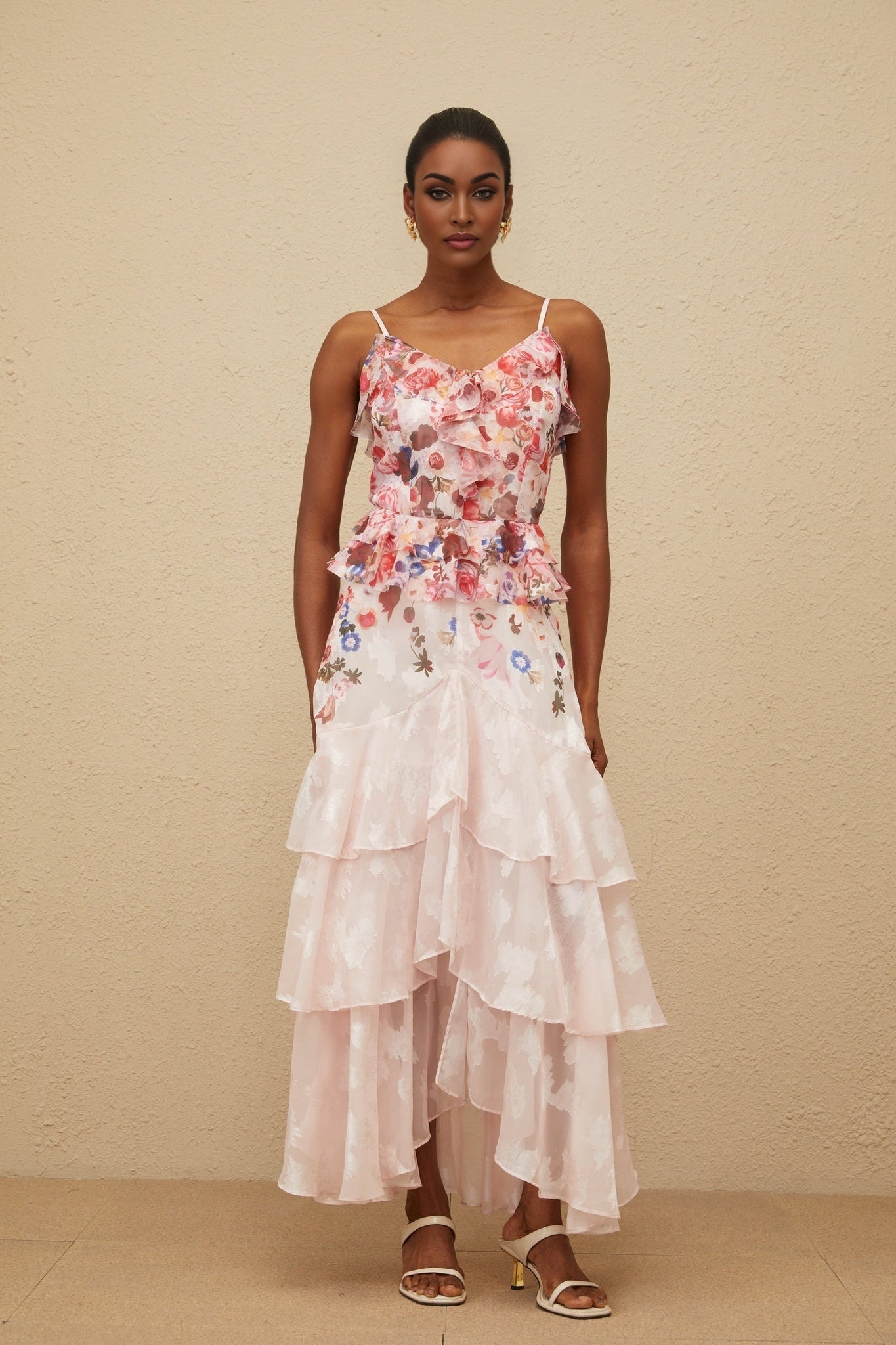 Faith Maxi Dress - Rose Print - Tiered Hem - Sleeveless - Adjustable Straps