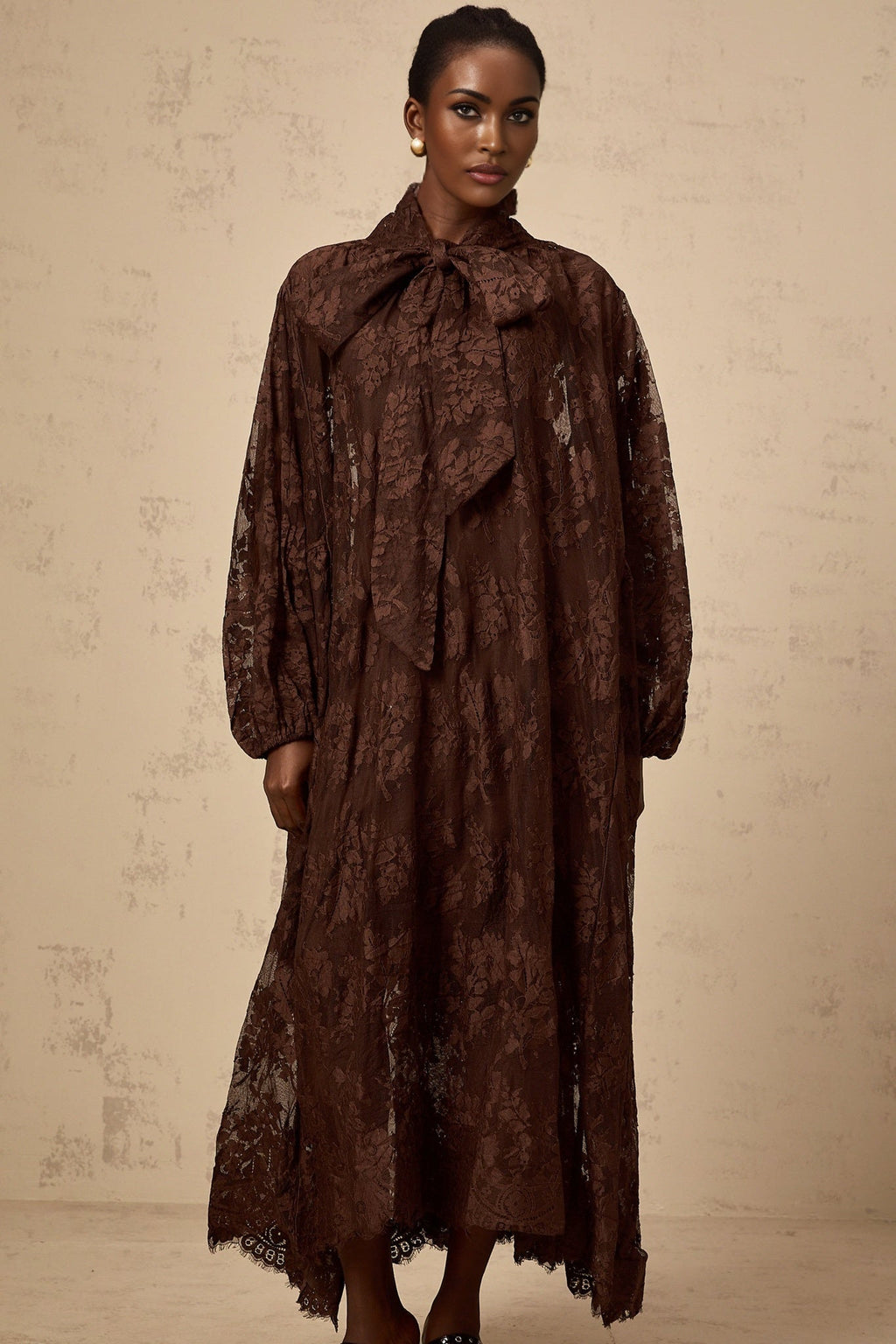 Faith Midi Dress - Long Sleeves - Chantilly Lace - Self - Tie Design - Asymmetric Hemline
