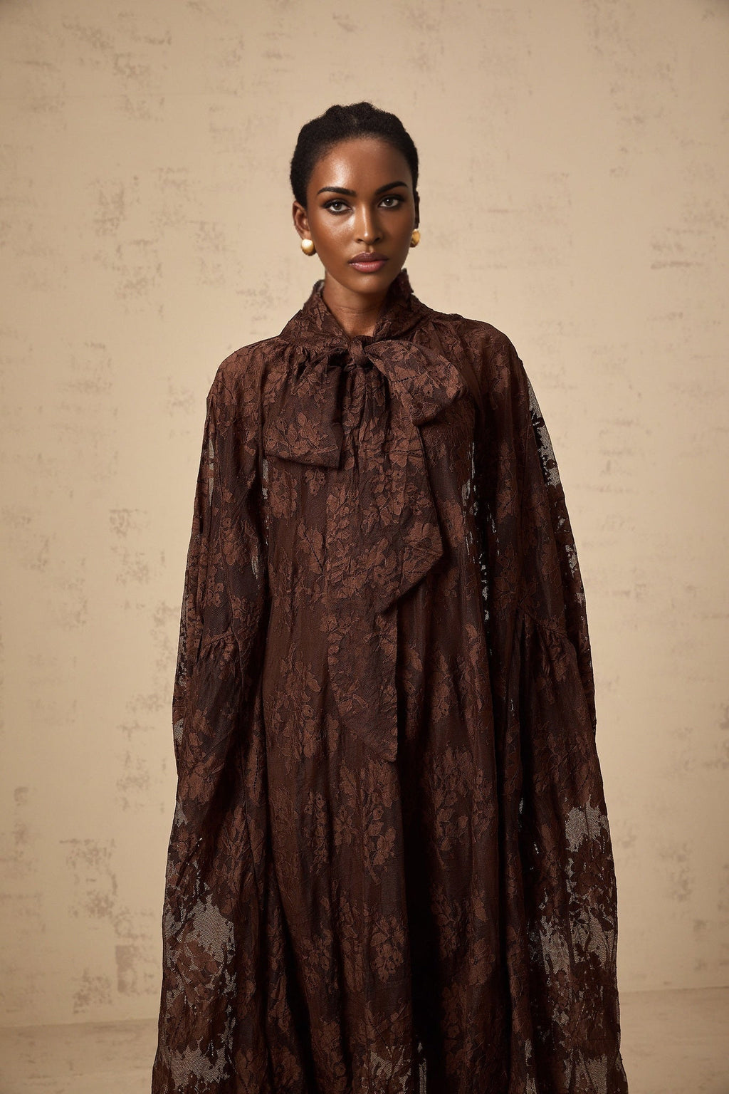 Faith Midi Dress - Long Sleeves - Chantilly Lace - Self - Tie Design - Asymmetric Hemline