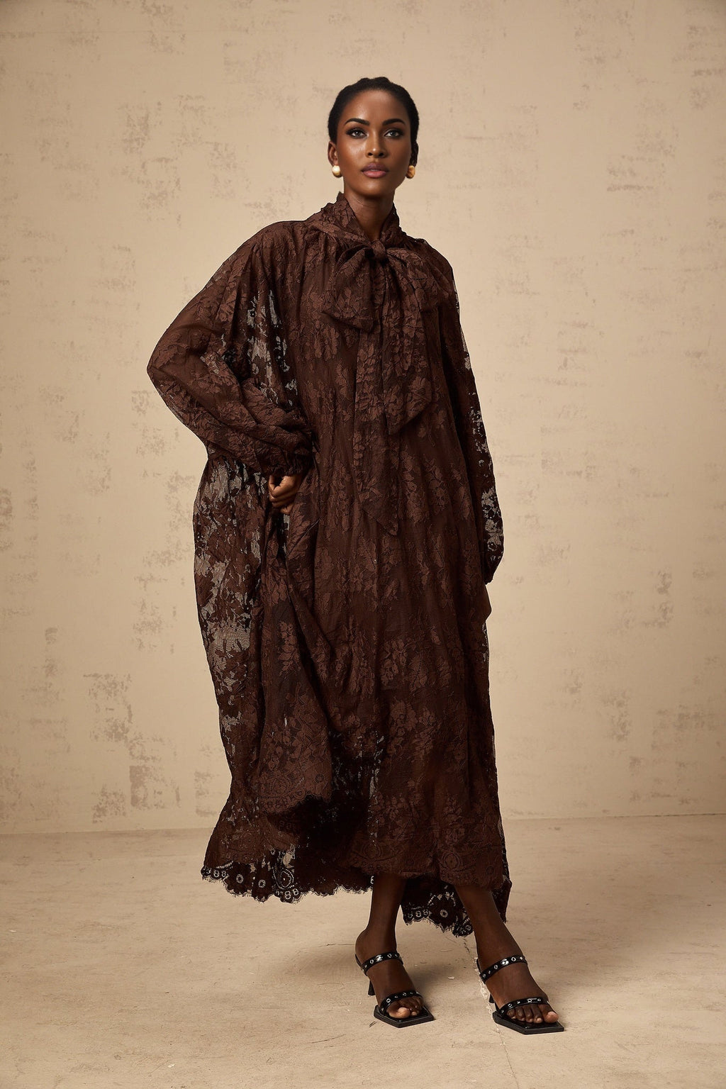 Faith Midi Dress - Long Sleeves - Chantilly Lace - Self - Tie Design - Asymmetric Hemline