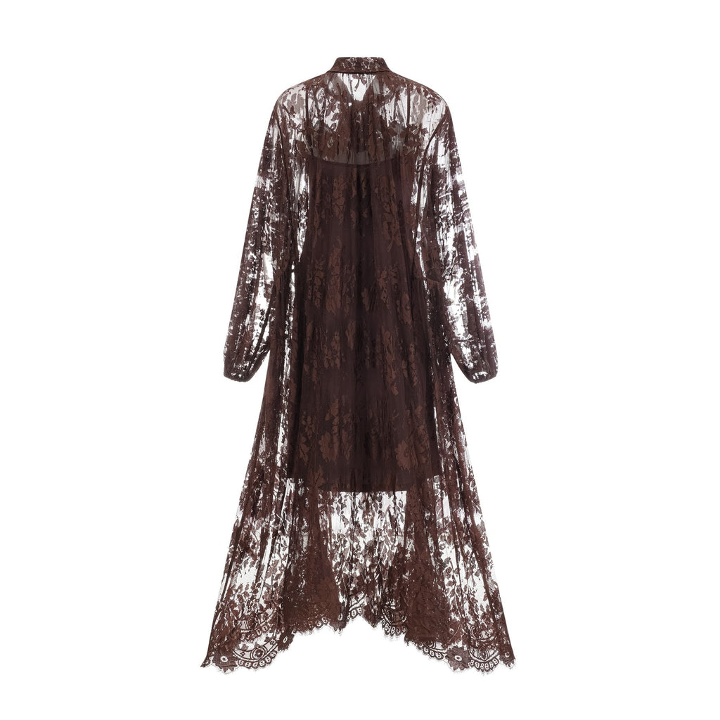 Faith Midi Dress - Long Sleeves - Chantilly Lace - Self - Tie Design - Asymmetric Hemline