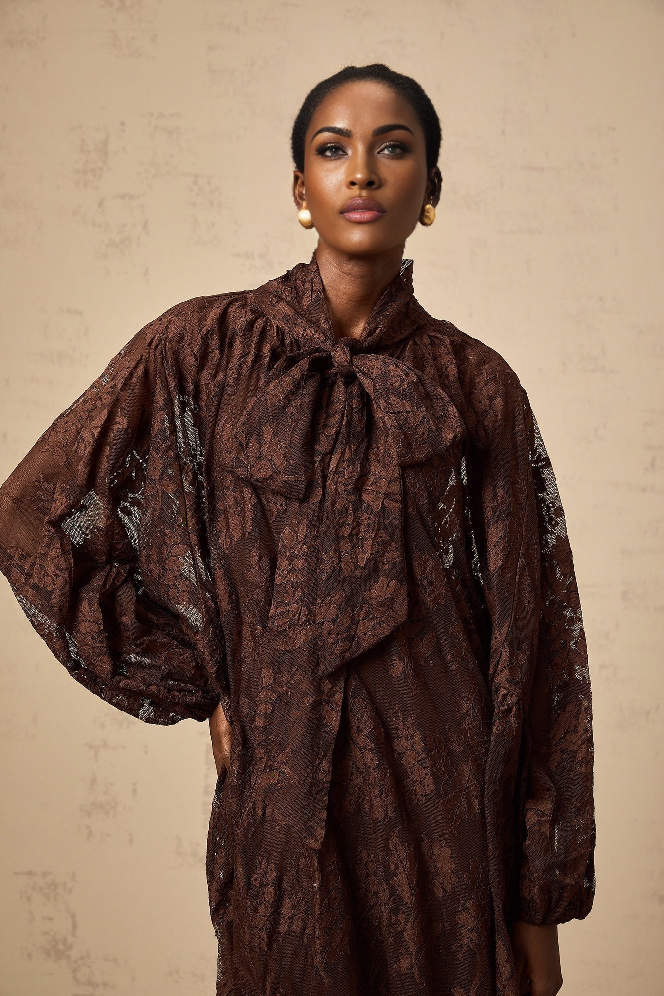 Faith Midi Dress - Long Sleeves - Chantilly Lace - Self - Tie Design - Asymmetric Hemline