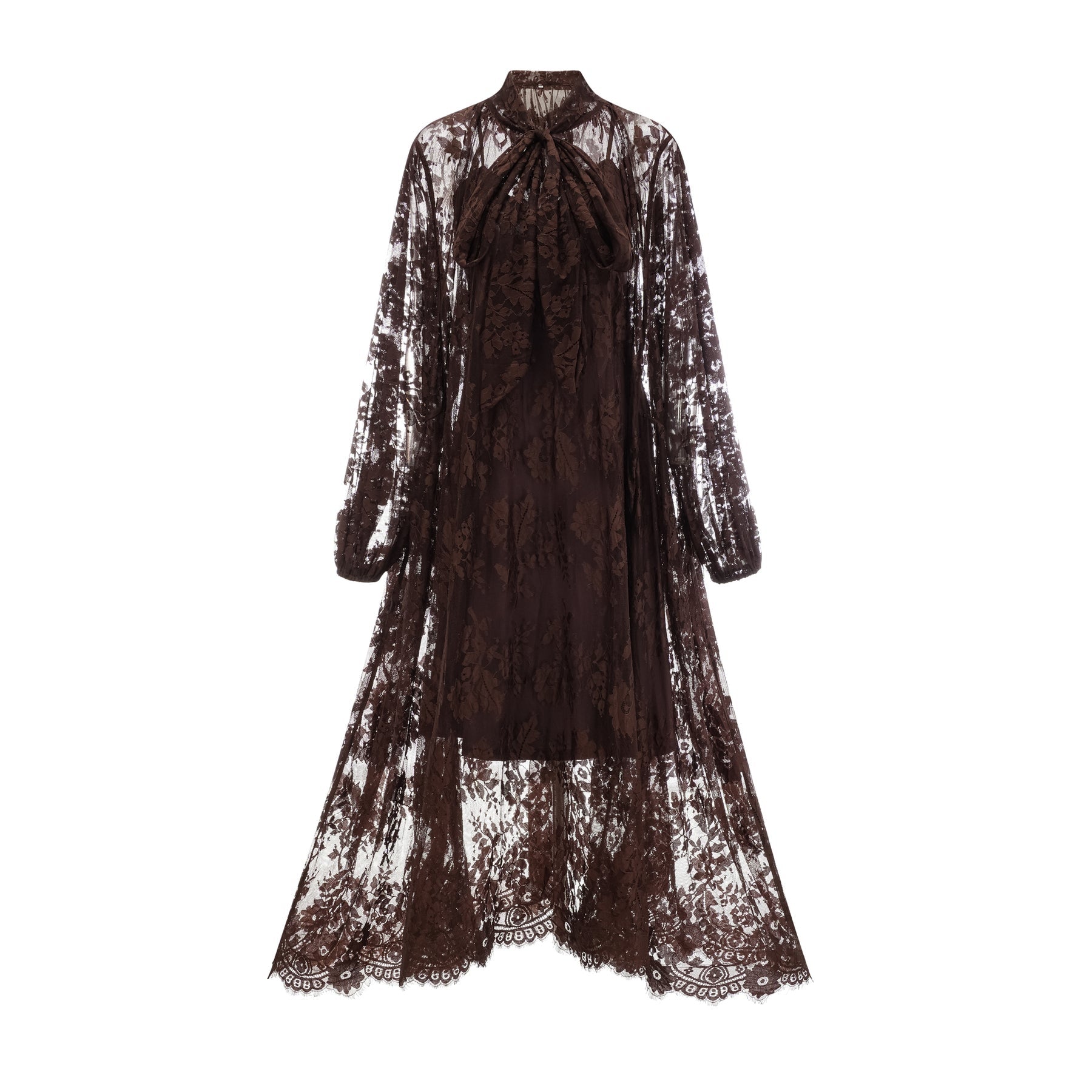 Faith Midi Dress - Long Sleeves - Chantilly Lace - Self - Tie Design - Asymmetric Hemline