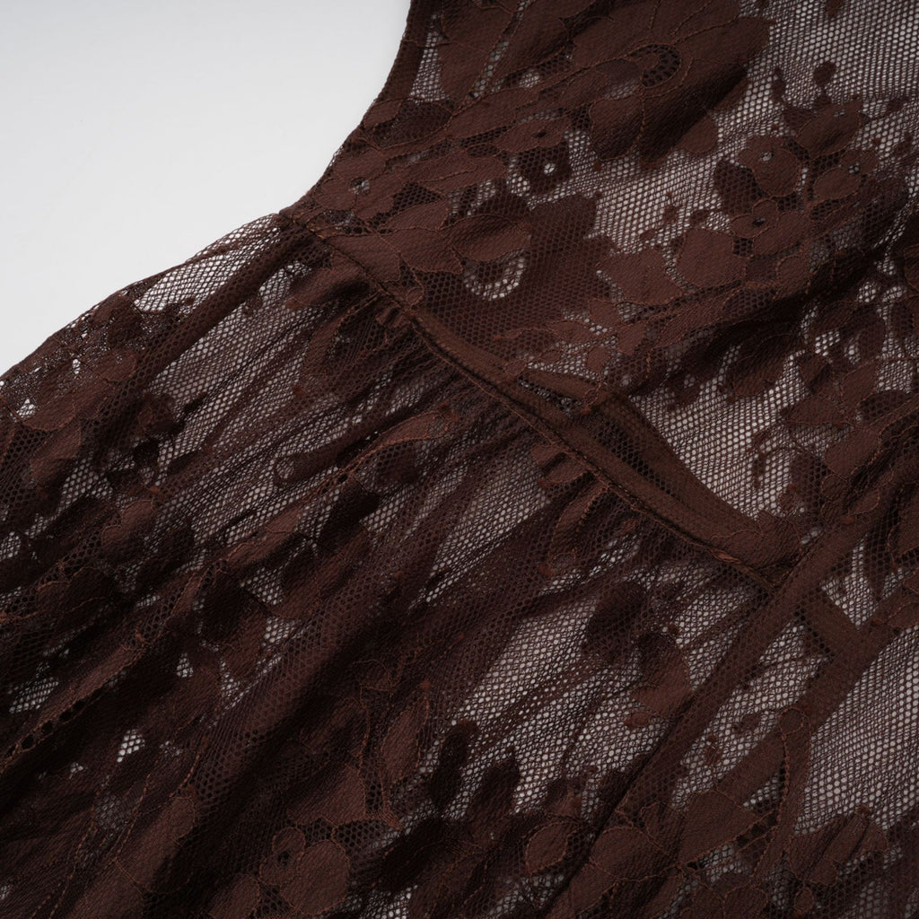 Faith Midi Dress - Long Sleeves - Chantilly Lace - Self - Tie Design - Asymmetric Hemline