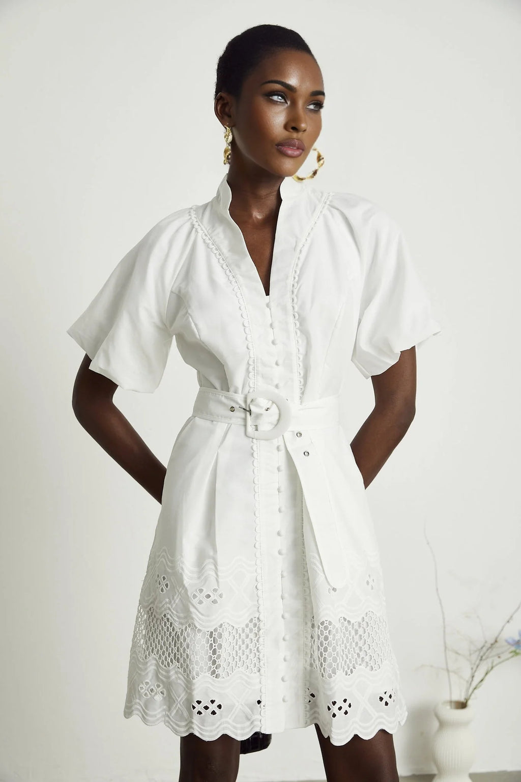 Faith Mini Dress - V - neck - Short sleeves - Cut - out detailing - Belted waist