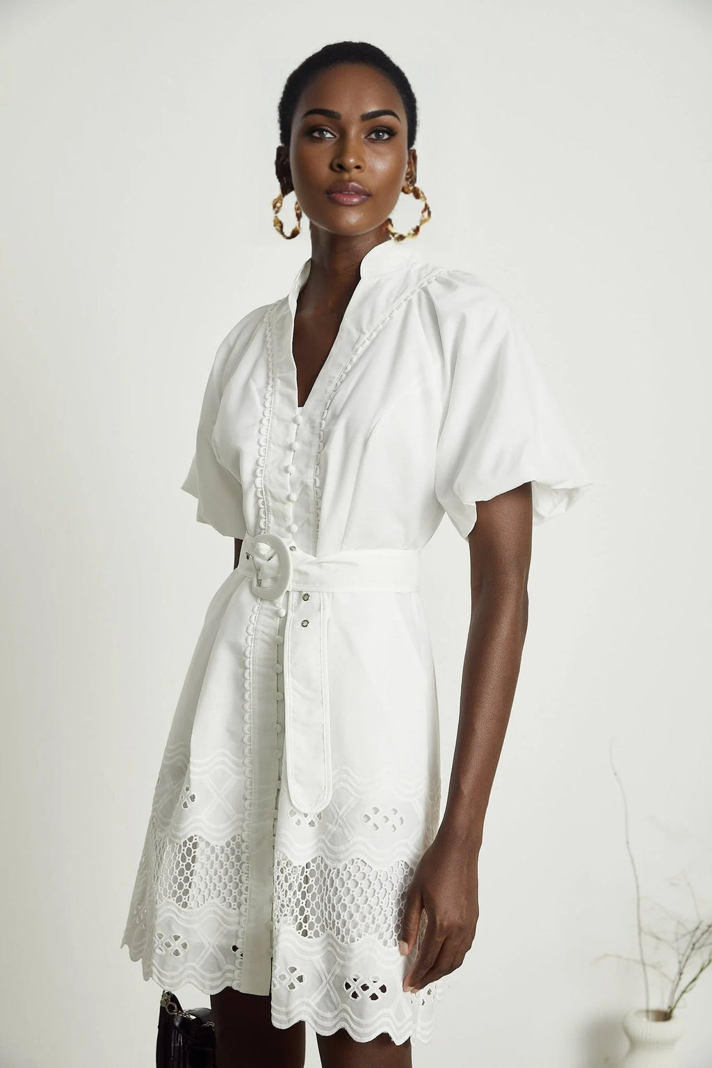 Faith Mini Dress - V - neck - Short sleeves - Cut - out detailing - Belted waist