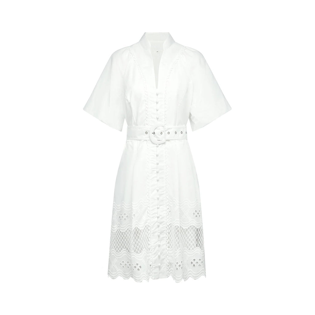 Faith Mini Dress - V - neck - Short sleeves - Cut - out detailing - Belted waist