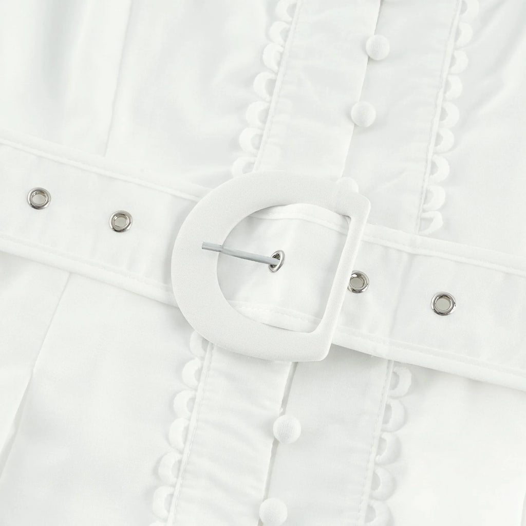 Faith Mini Dress - V - neck - Short sleeves - Cut - out detailing - Belted waist