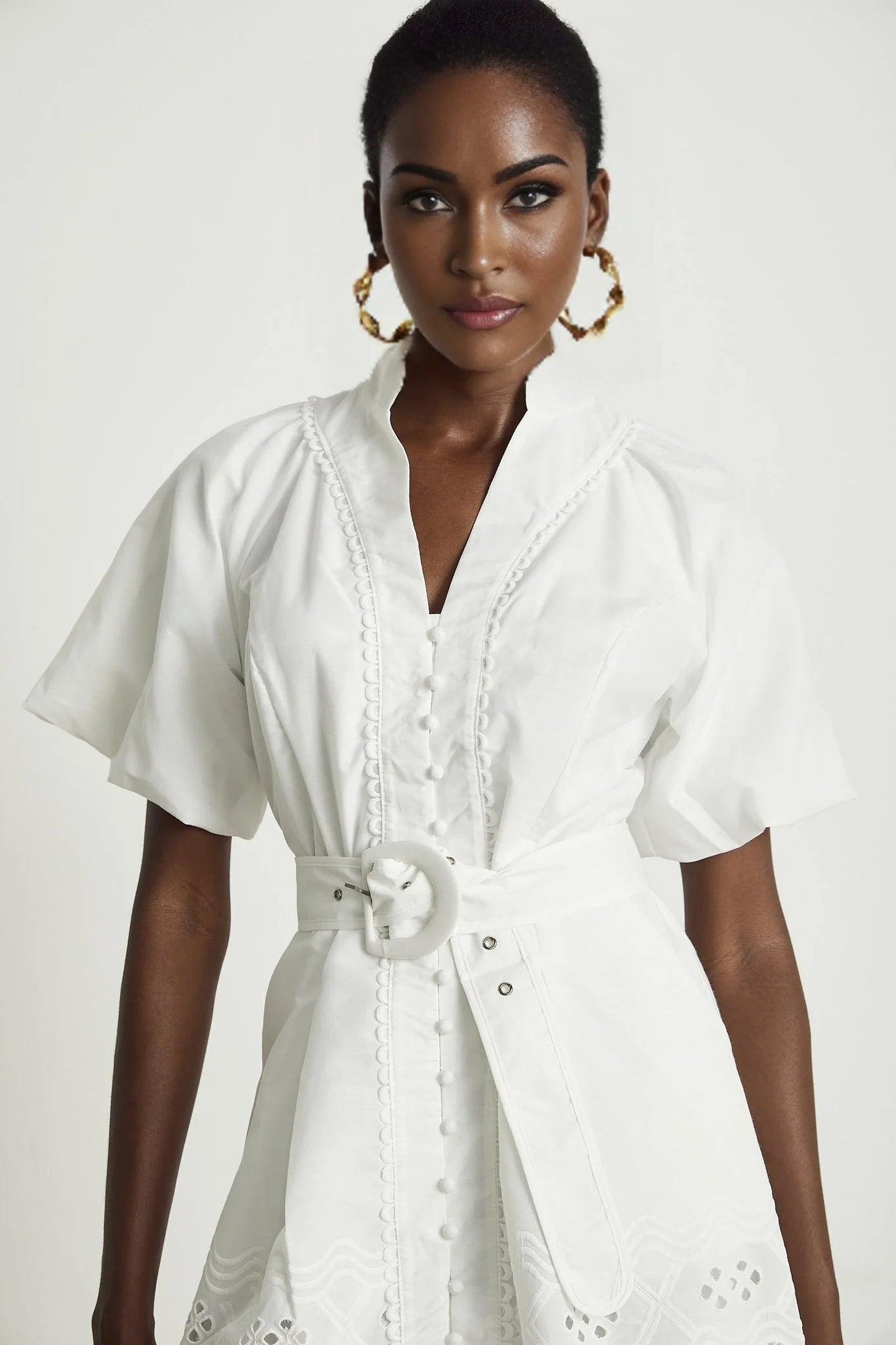Faith Mini Dress - V - neck - Short sleeves - Cut - out detailing - Belted waist