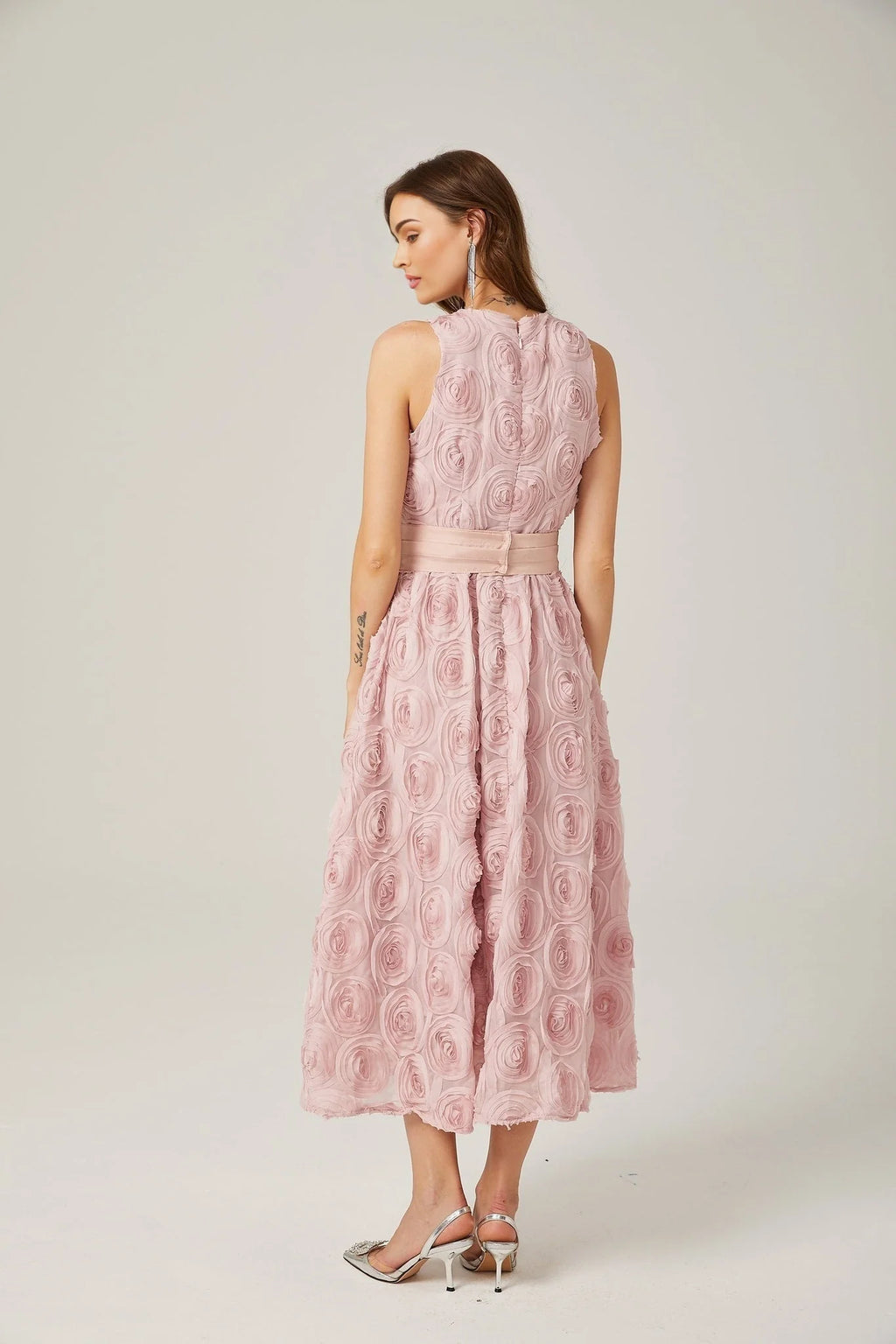 Federica Floral Midi Dress - Sleeveless - Faux - Flower Embellishments - Tie Waist - With Side Inset Pockets and Rear Zip Fastening