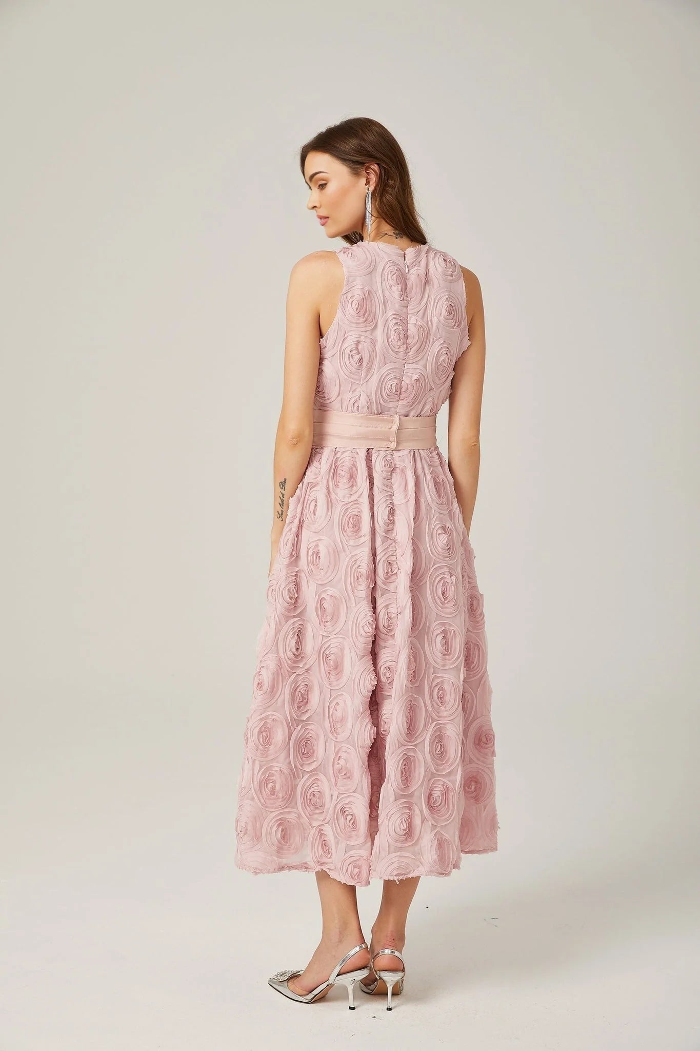 Federica Floral Midi Dress - Sleeveless - Faux - Flower Embellishments - Tie Waist - With Side Inset Pockets and Rear Zip Fastening