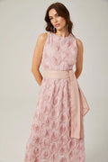 Federica Floral Midi Dress - Sleeveless - Faux - Flower Embellishments - Tie Waist - With Side Inset Pockets and Rear Zip Fastening