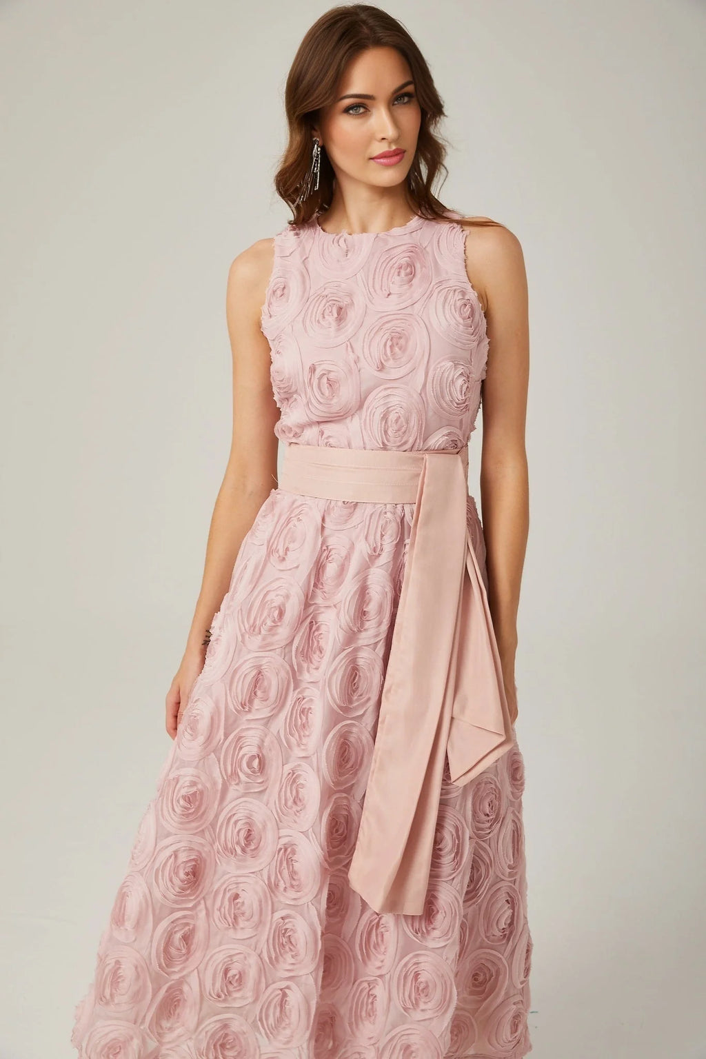 Federica Floral Midi Dress - Sleeveless - Faux - Flower Embellishments - Tie Waist - With Side Inset Pockets and Rear Zip Fastening
