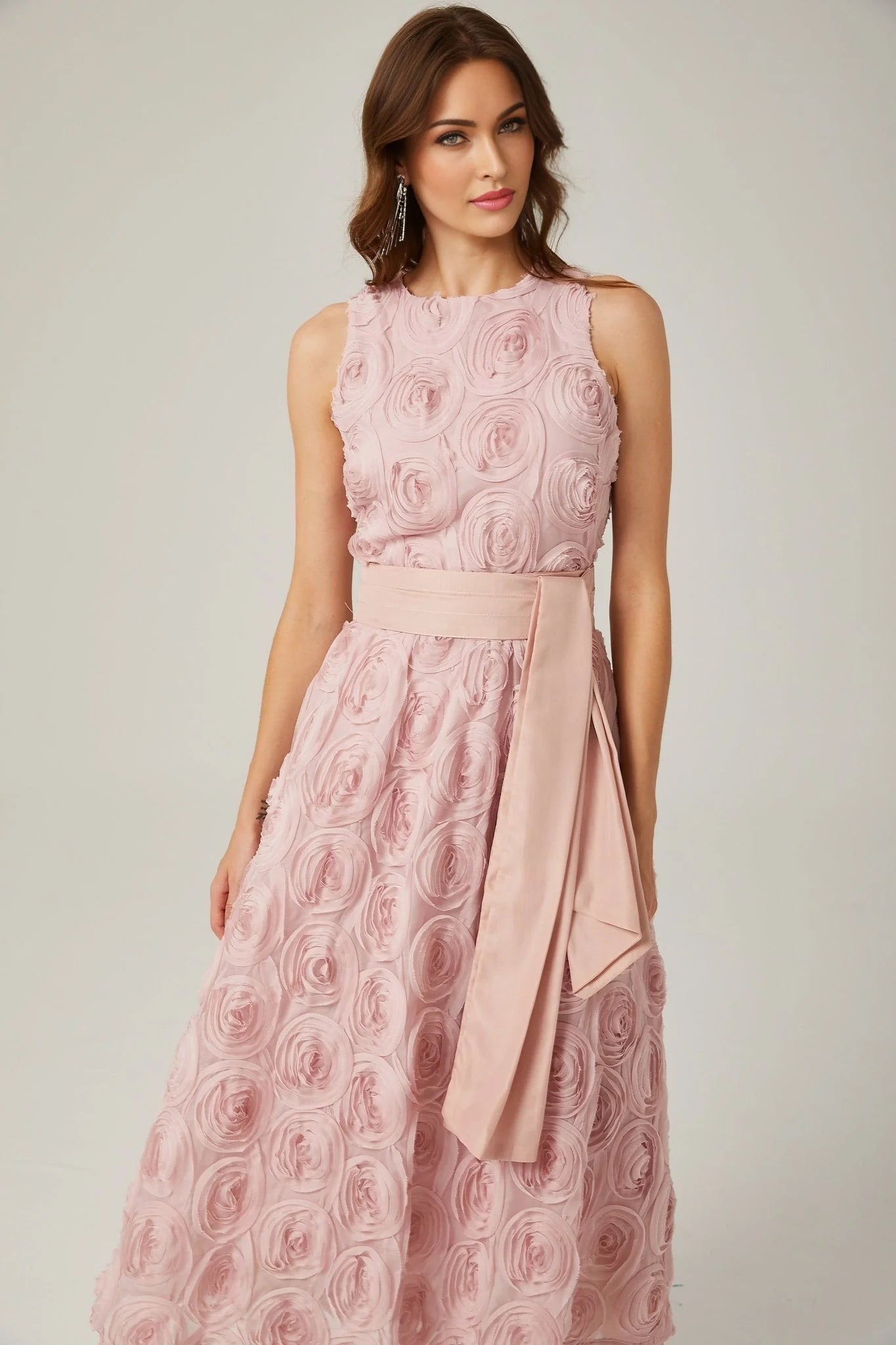 Federica Floral Midi Dress - Sleeveless - Faux - Flower Embellishments - Tie Waist - With Side Inset Pockets and Rear Zip Fastening