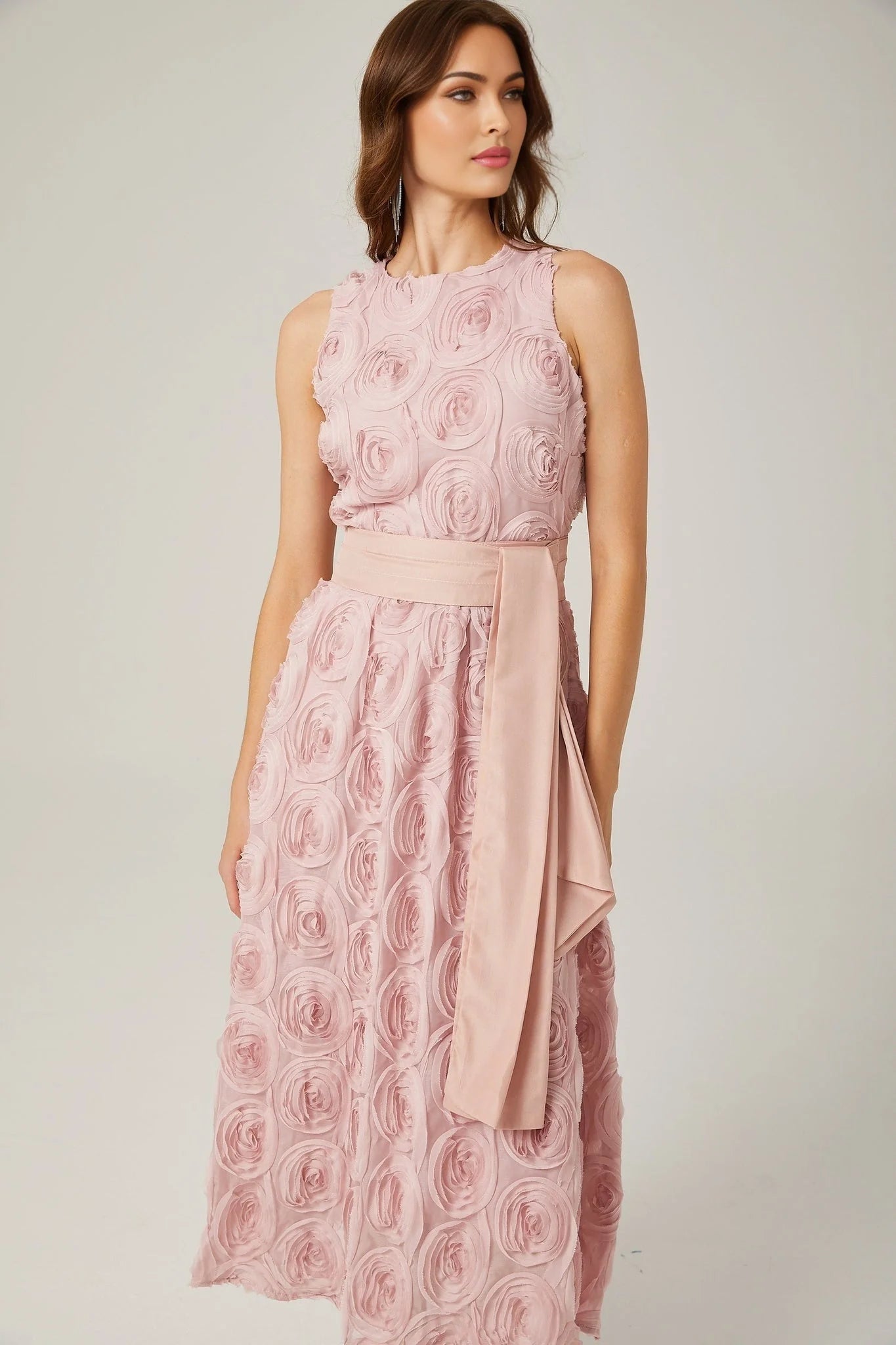 Federica Floral Midi Dress - Sleeveless - Faux - Flower Embellishments - Tie Waist - With Side Inset Pockets and Rear Zip Fastening