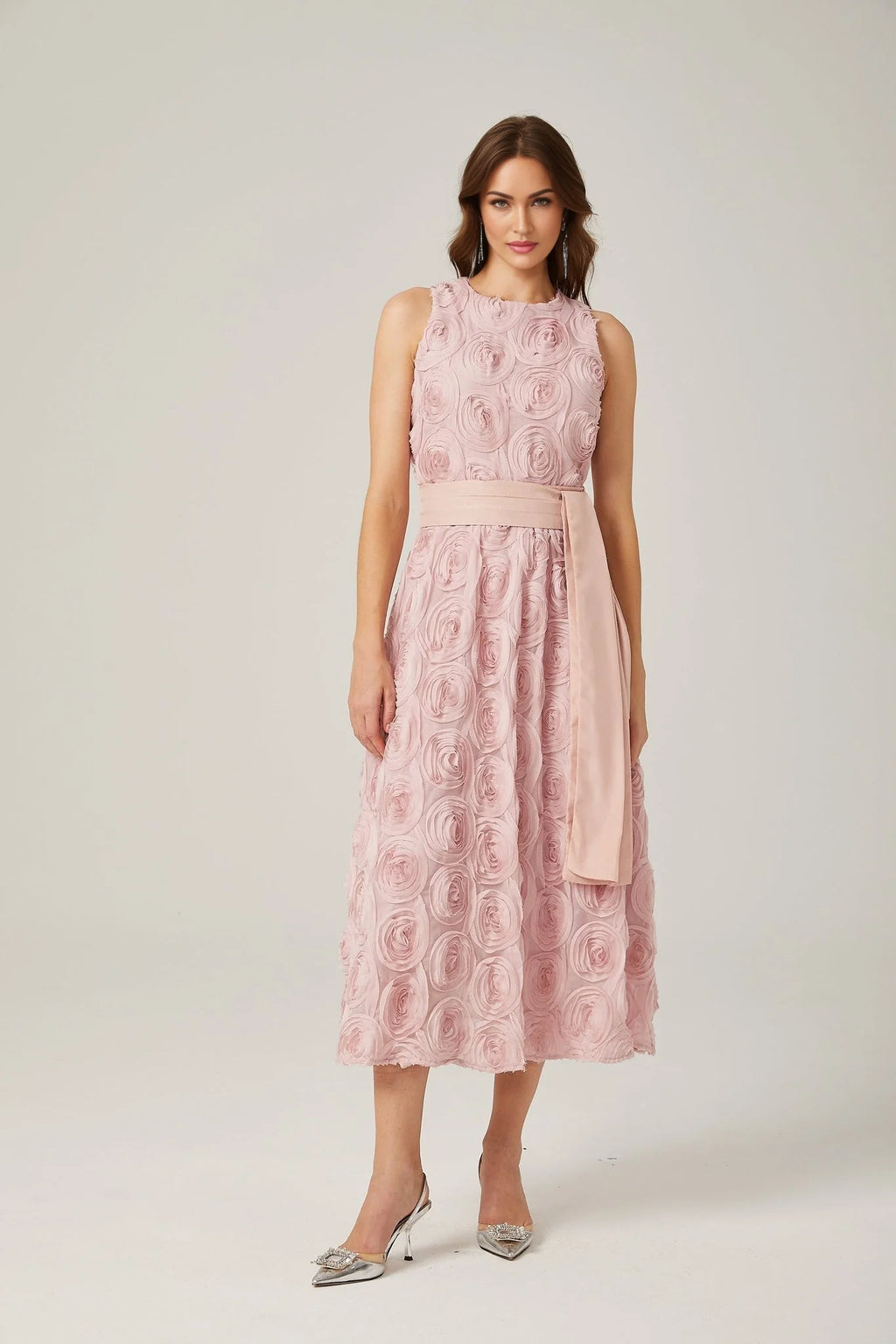Federica Floral Midi Dress - Sleeveless - Faux - Flower Embellishments - Tie Waist - With Side Inset Pockets and Rear Zip Fastening