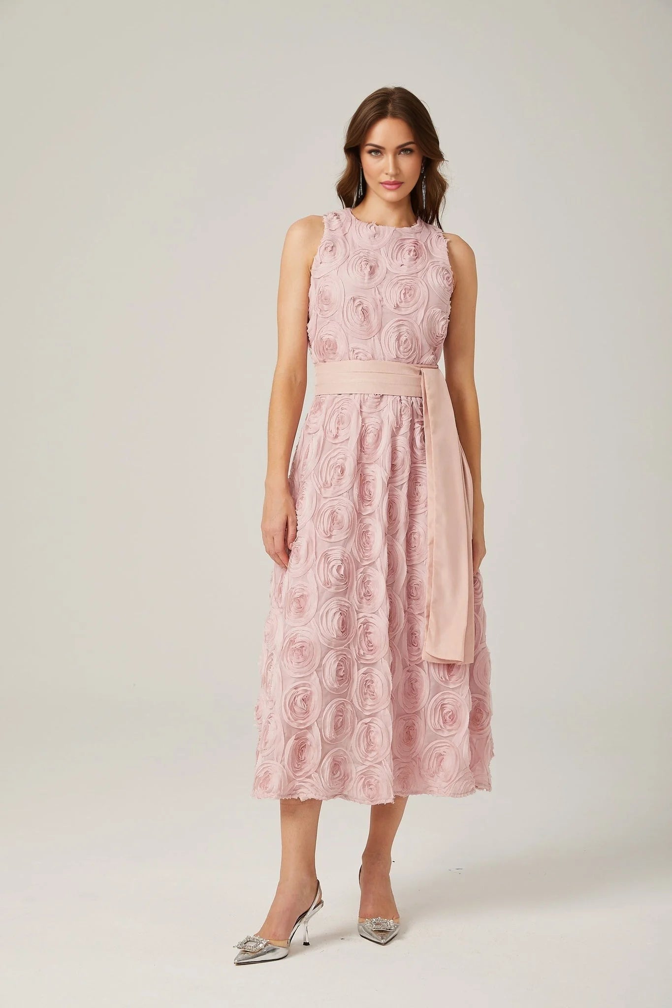 Federica Floral Midi Dress - Sleeveless - Faux - Flower Embellishments - Tie Waist - With Side Inset Pockets and Rear Zip Fastening