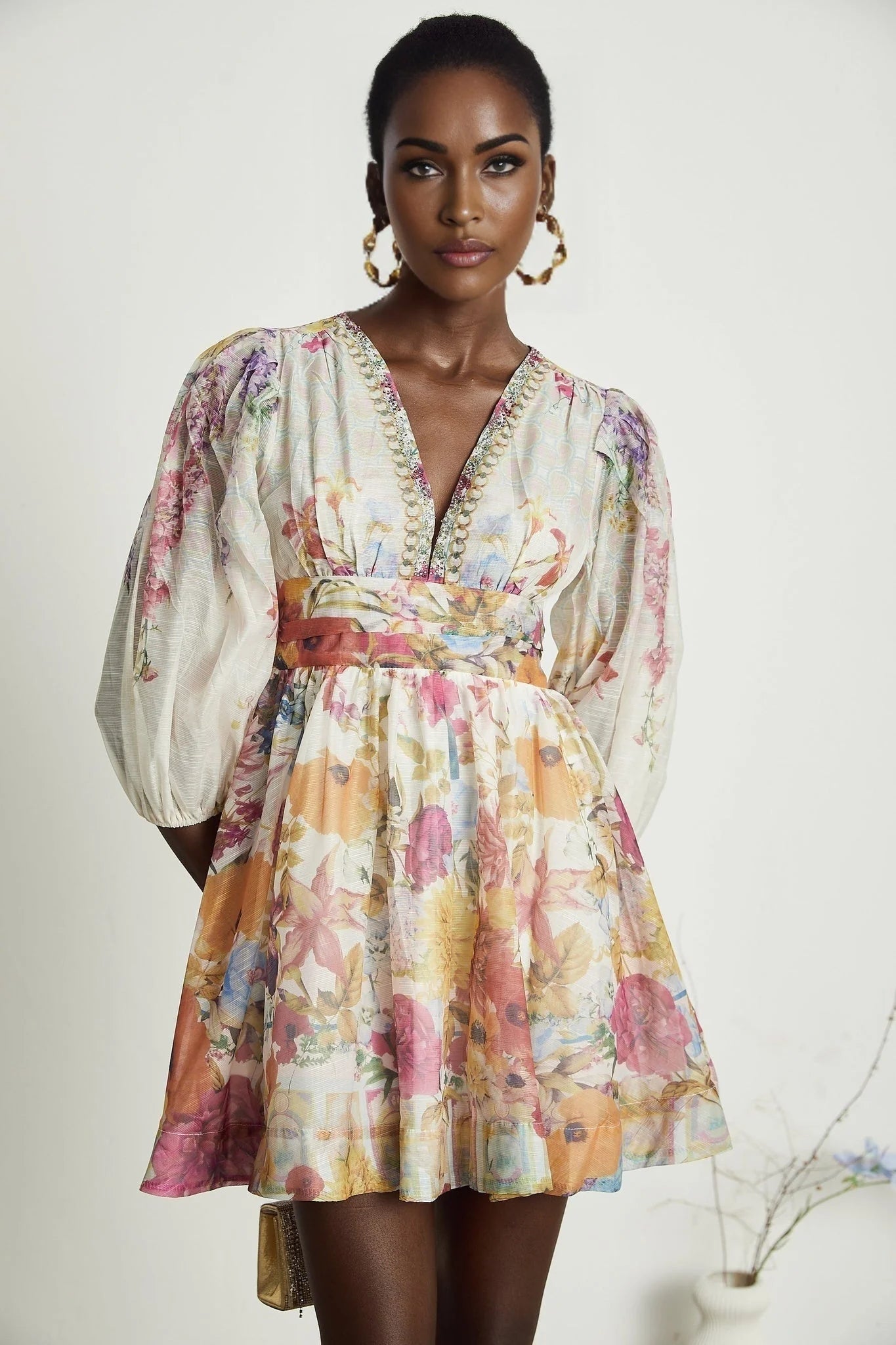 Federica Floral Mini Dress - V Neck - Flared Skirt - Short Sleeves