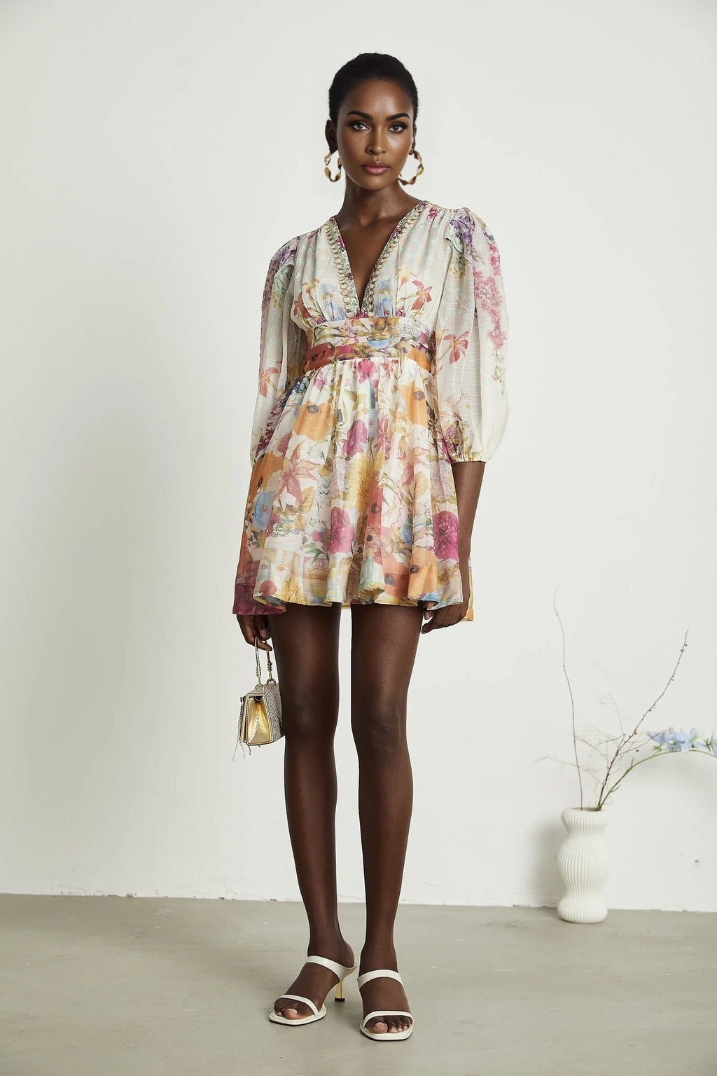 Federica Floral Mini Dress - V Neck - Flared Skirt - Short Sleeves