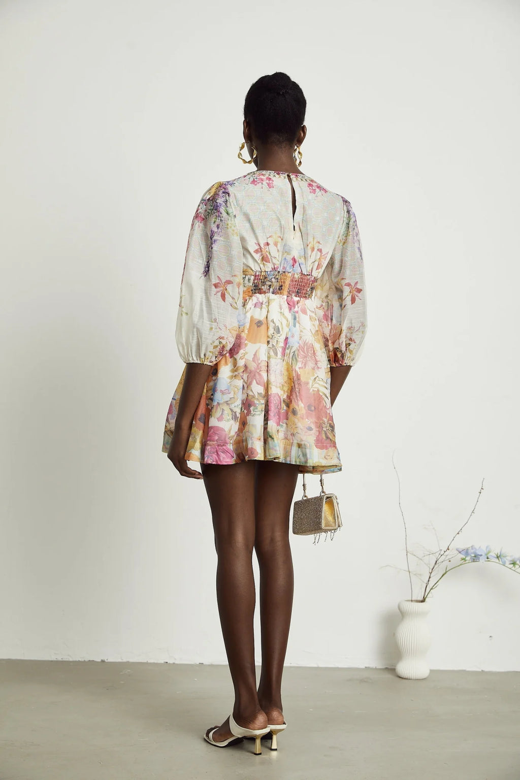 Federica Floral Mini Dress - V Neck - Flared Skirt - Short Sleeves