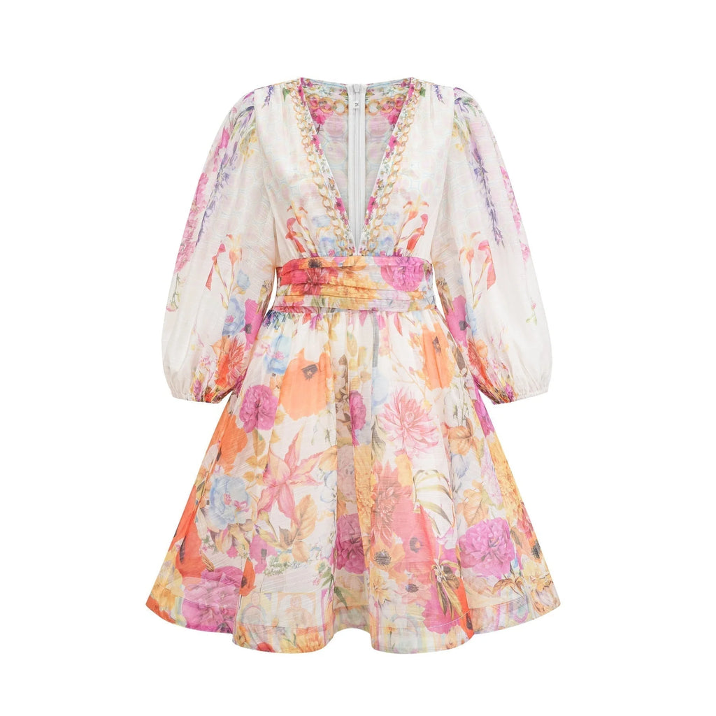 Federica Floral Mini Dress - V Neck - Flared Skirt - Short Sleeves