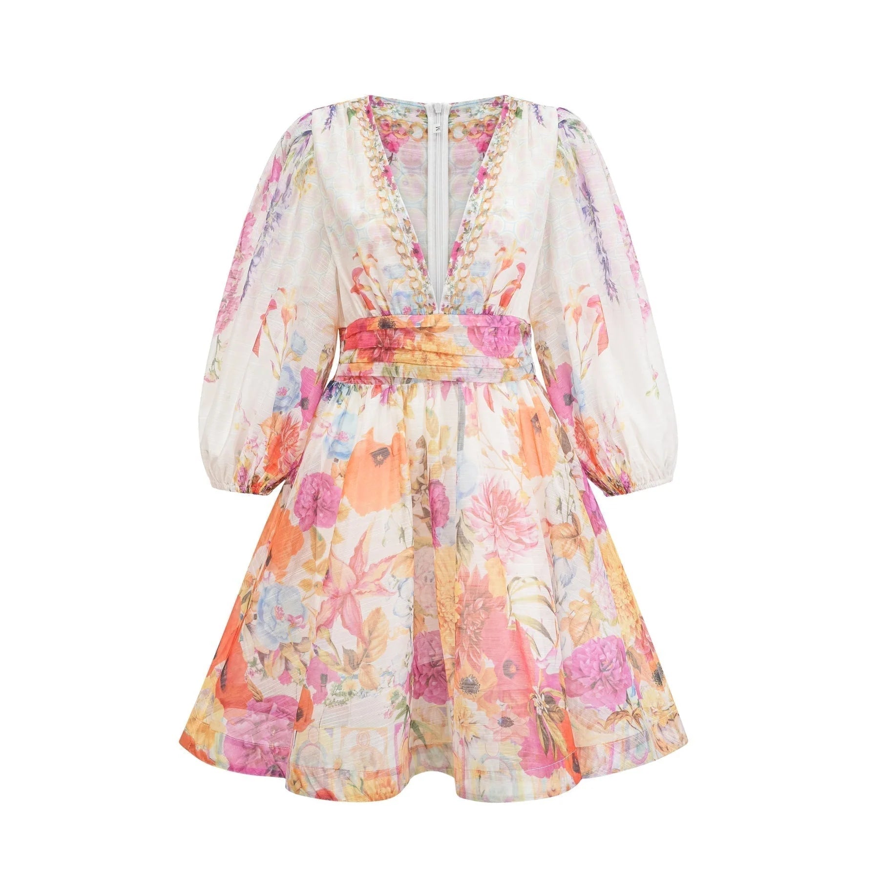 Federica Floral Mini Dress - V Neck - Flared Skirt - Short Sleeves