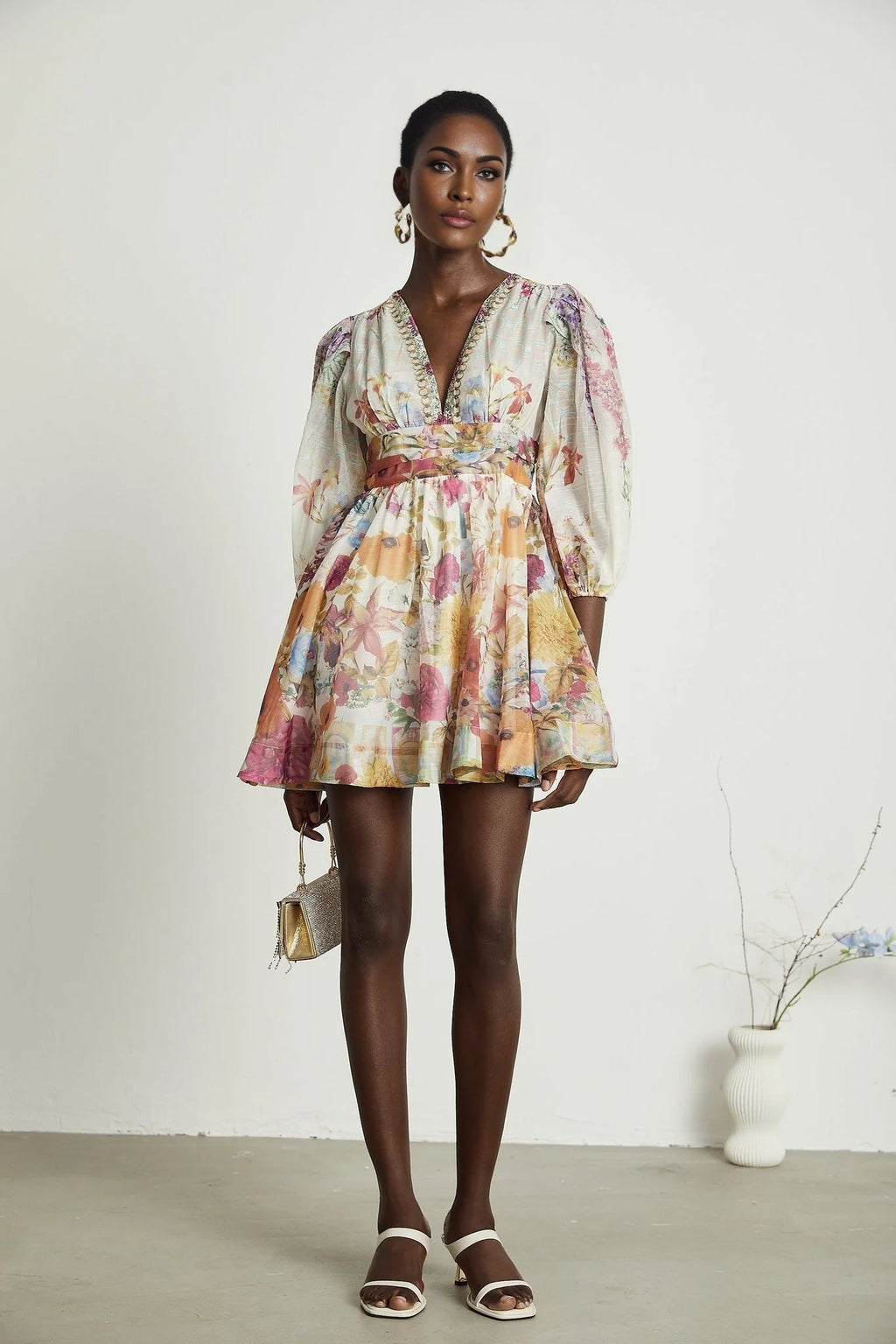 Federica Floral Mini Dress - V Neck - Flared Skirt - Short Sleeves