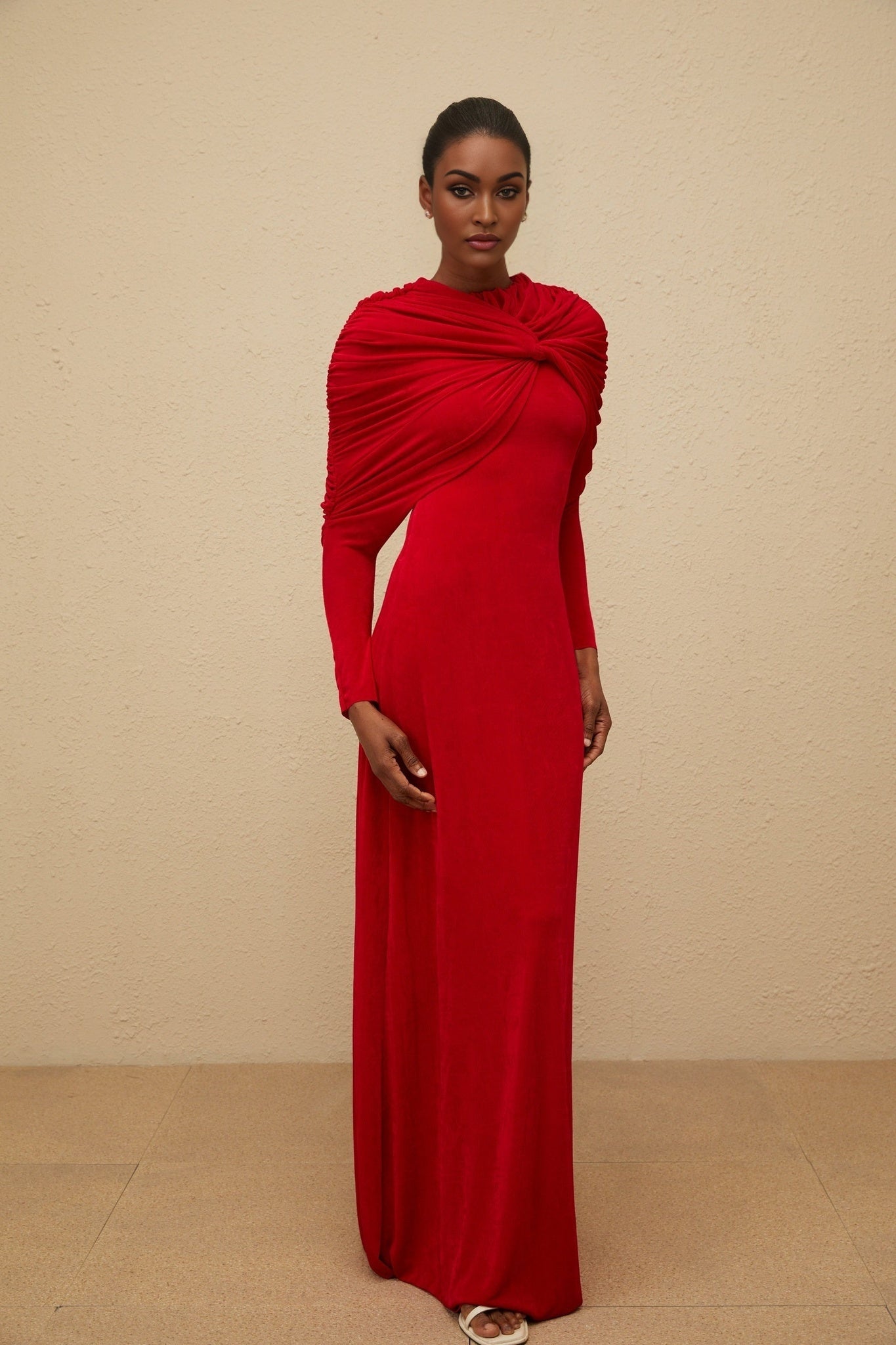 Federica Maxi Dress - Red Cape Design - Ruched Detail - Long Sleeves