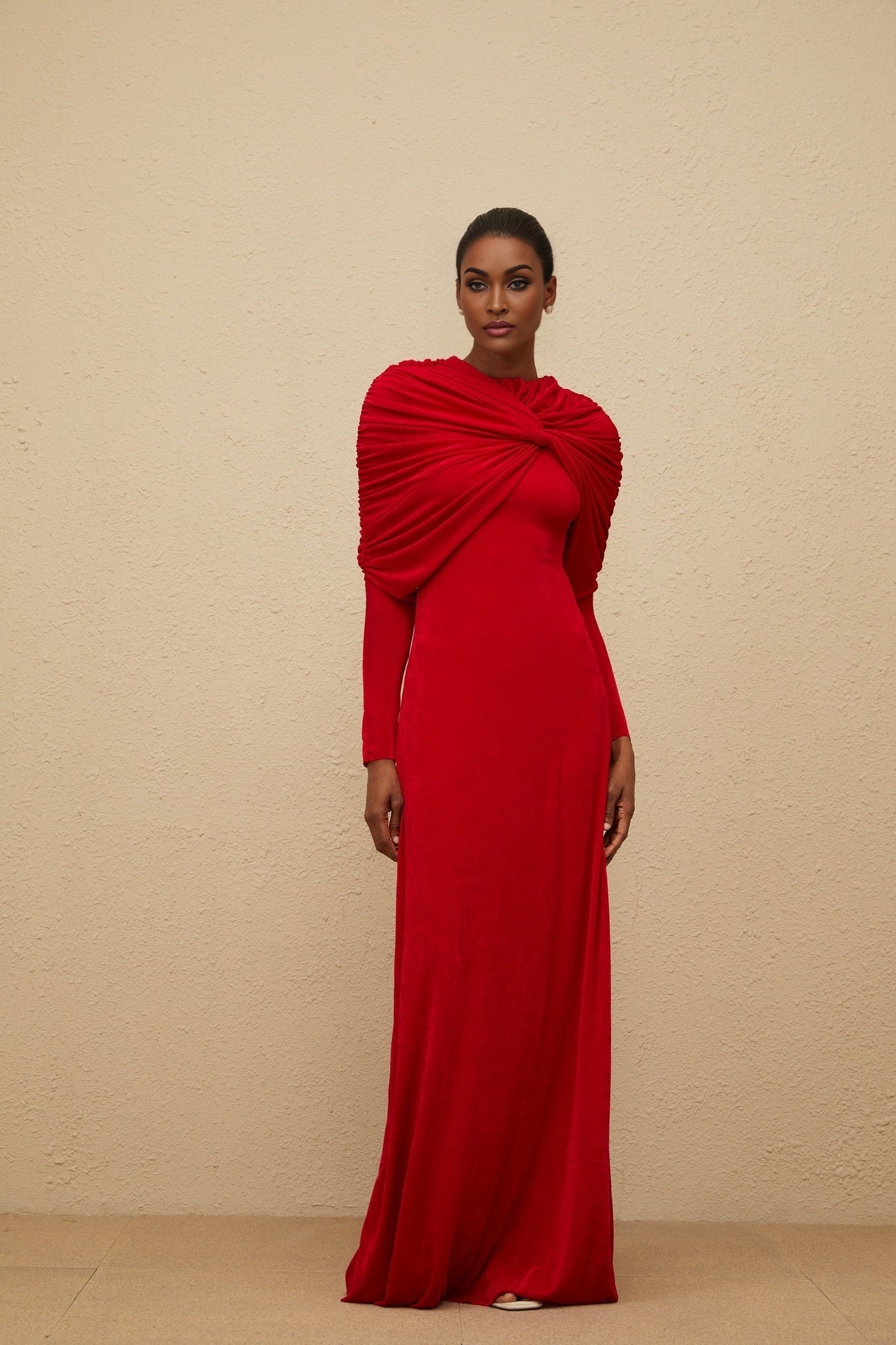 Federica Maxi Dress - Red Cape Design - Ruched Detail - Long Sleeves