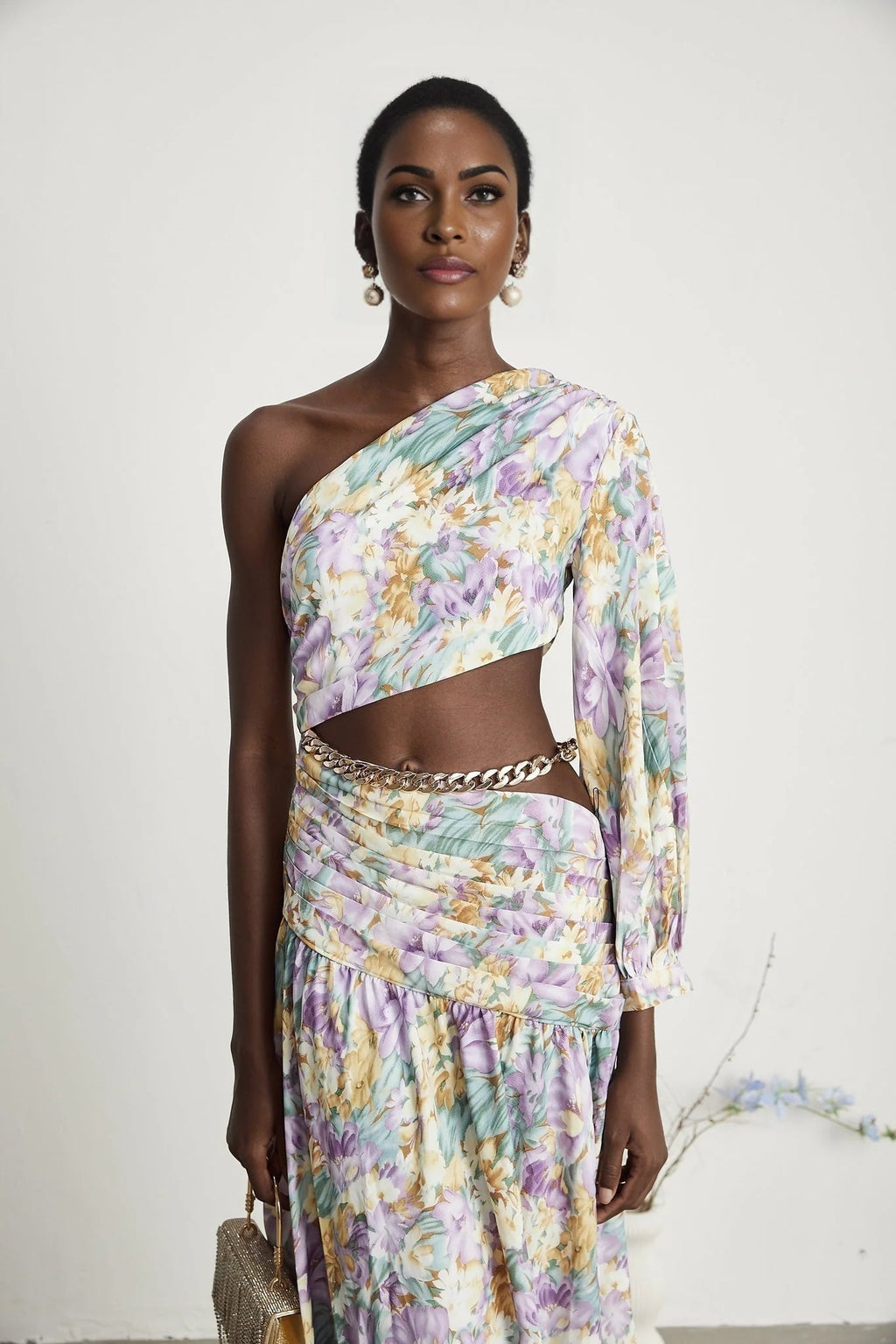 Federica Midi Dress - Asymmetric One - Shoulder - Cut - Out Floral Print - Gold Belted Waist - High Side Slit