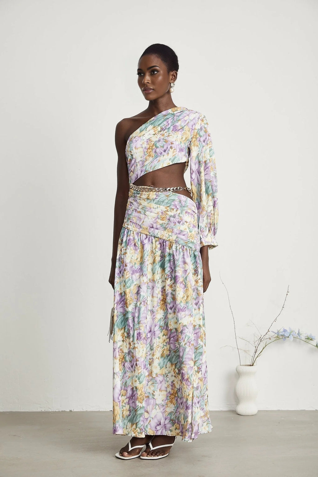 Federica Midi Dress - Asymmetric One - Shoulder - Cut - Out Floral Print - Gold Belted Waist - High Side Slit