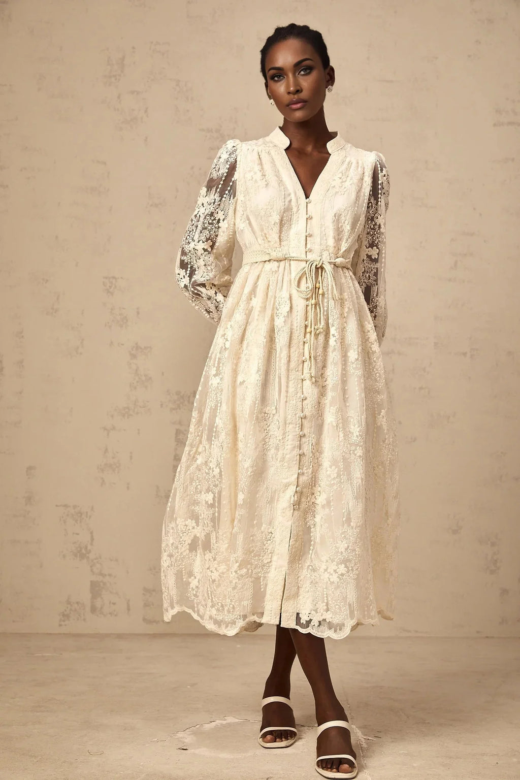 Federica Midi Dress Neutrals Lace - Embroidered & Belted