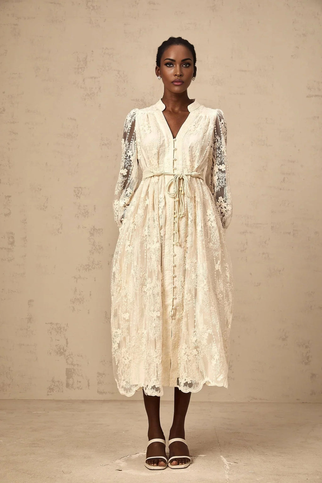 Federica Midi Dress Neutrals Lace - Embroidered & Belted