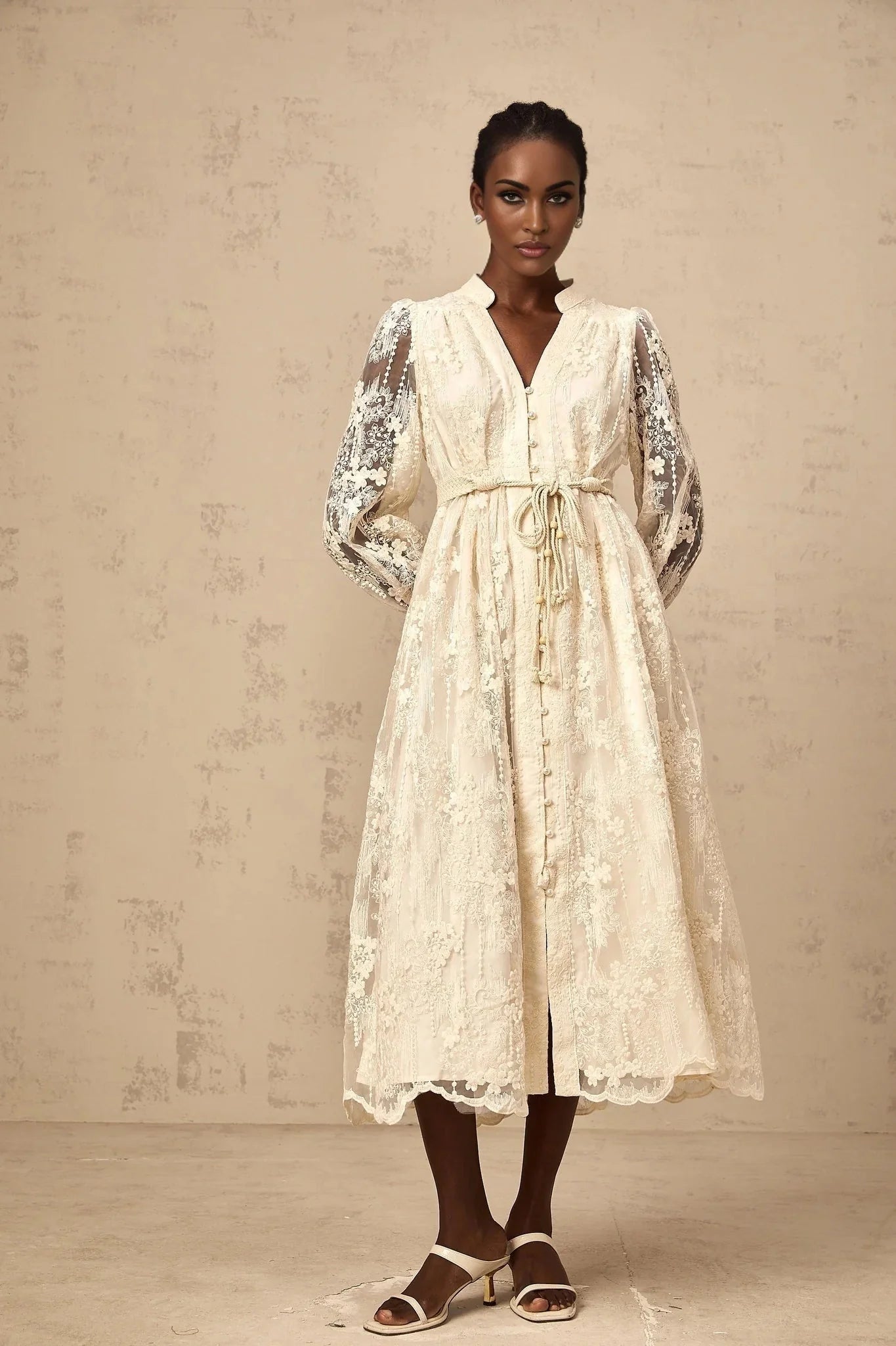 Federica Midi Dress Neutrals Lace - Embroidered & Belted