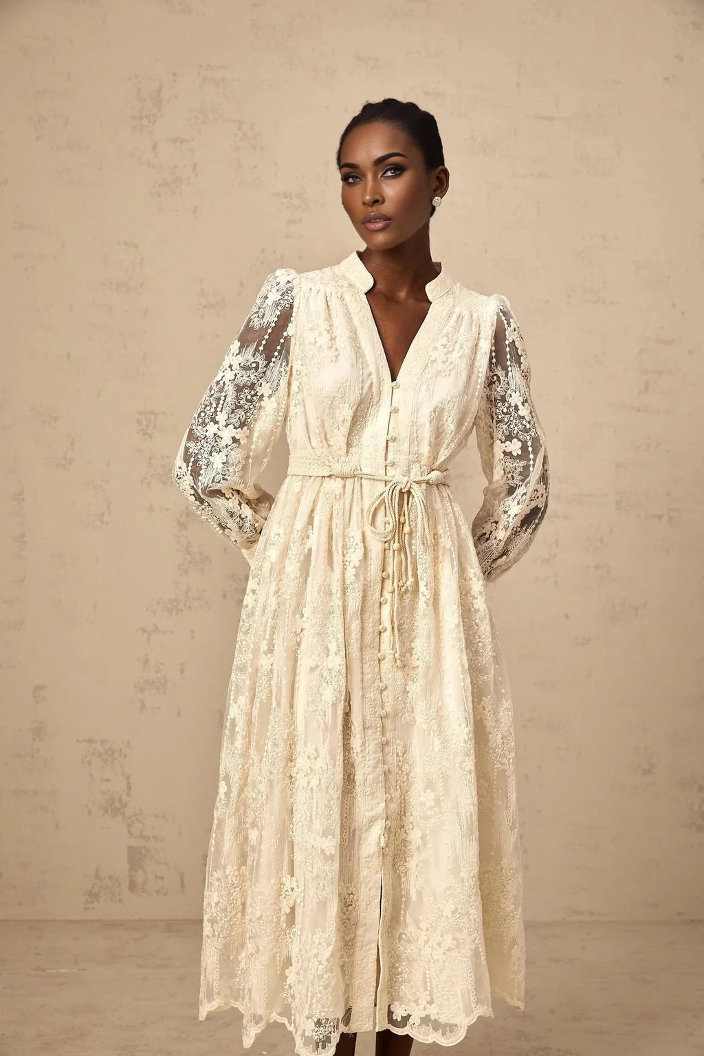 Federica Midi Dress Neutrals Lace - Embroidered & Belted