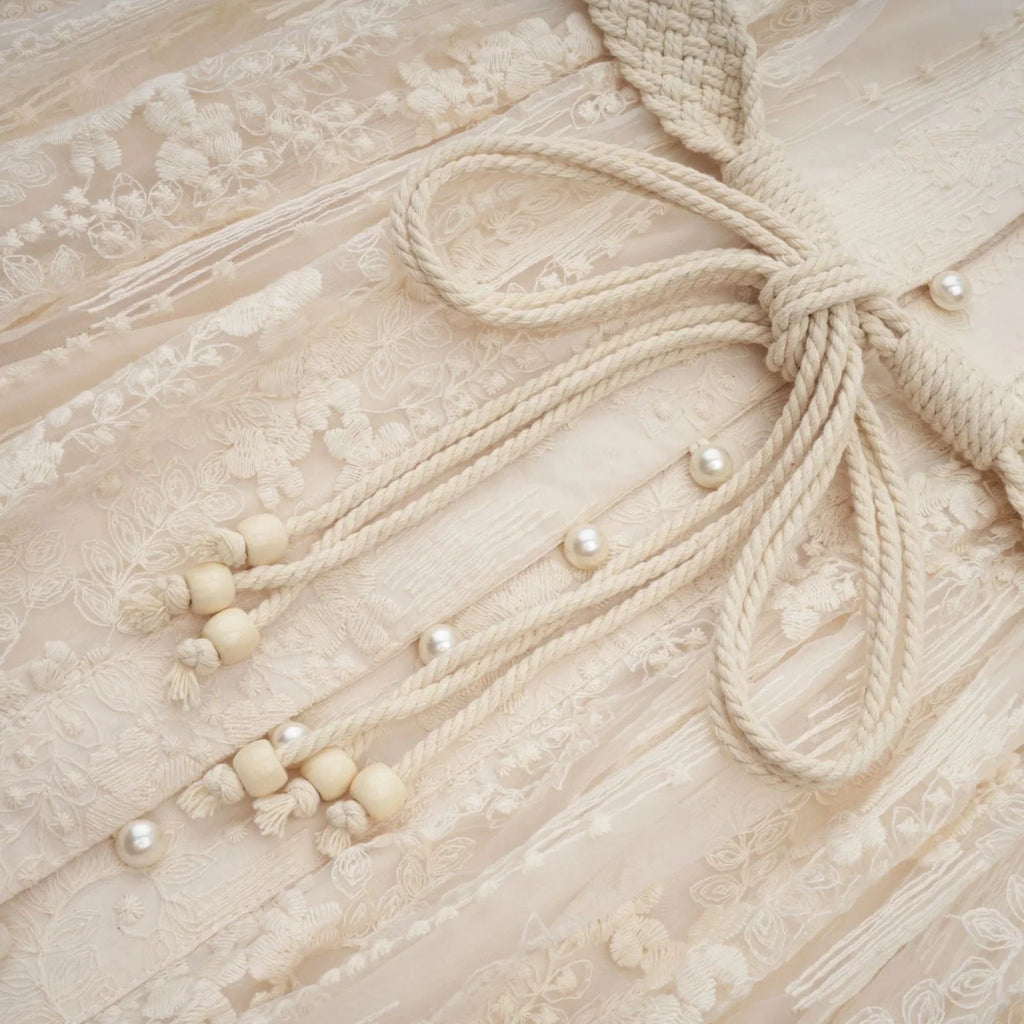 Federica Midi Dress Neutrals Lace - Embroidered & Belted