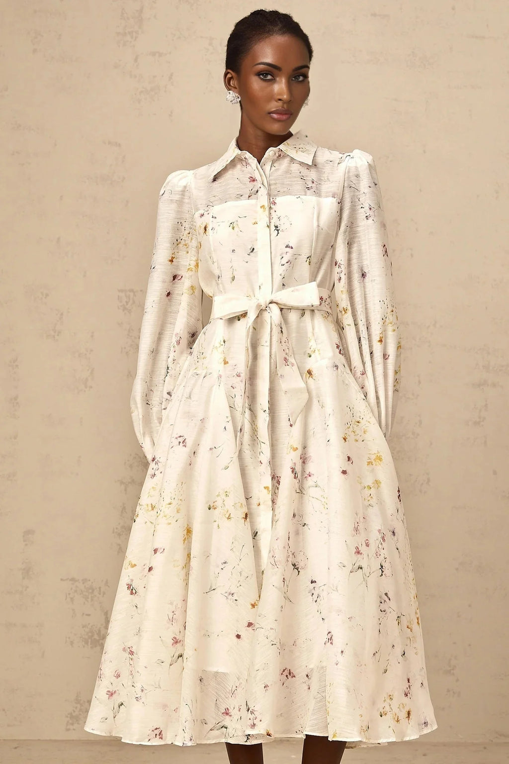 Federica Midi Dress White Floral Print Calf Length Button Fastening